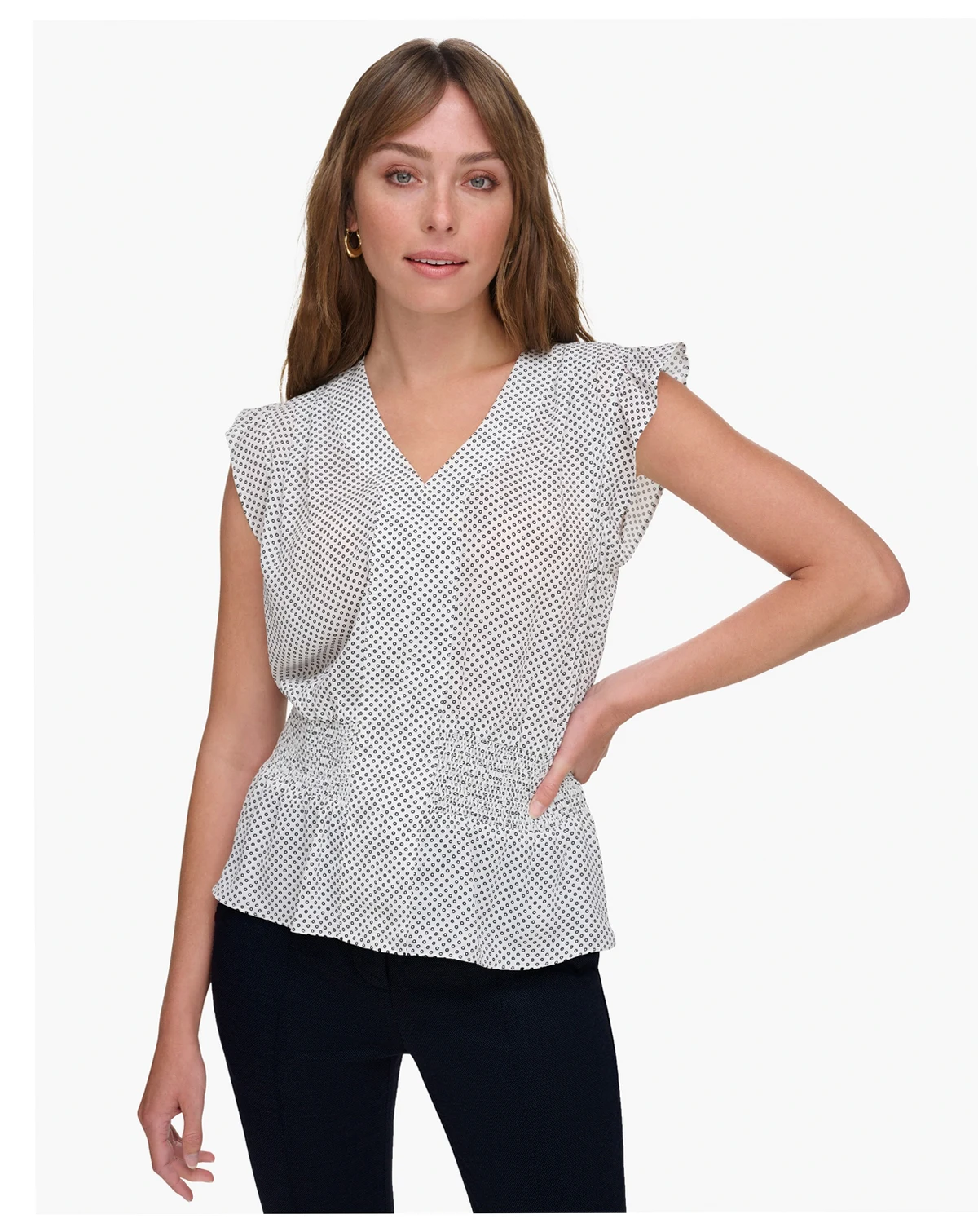 Women's Ruffled Smocked V-Neck Top