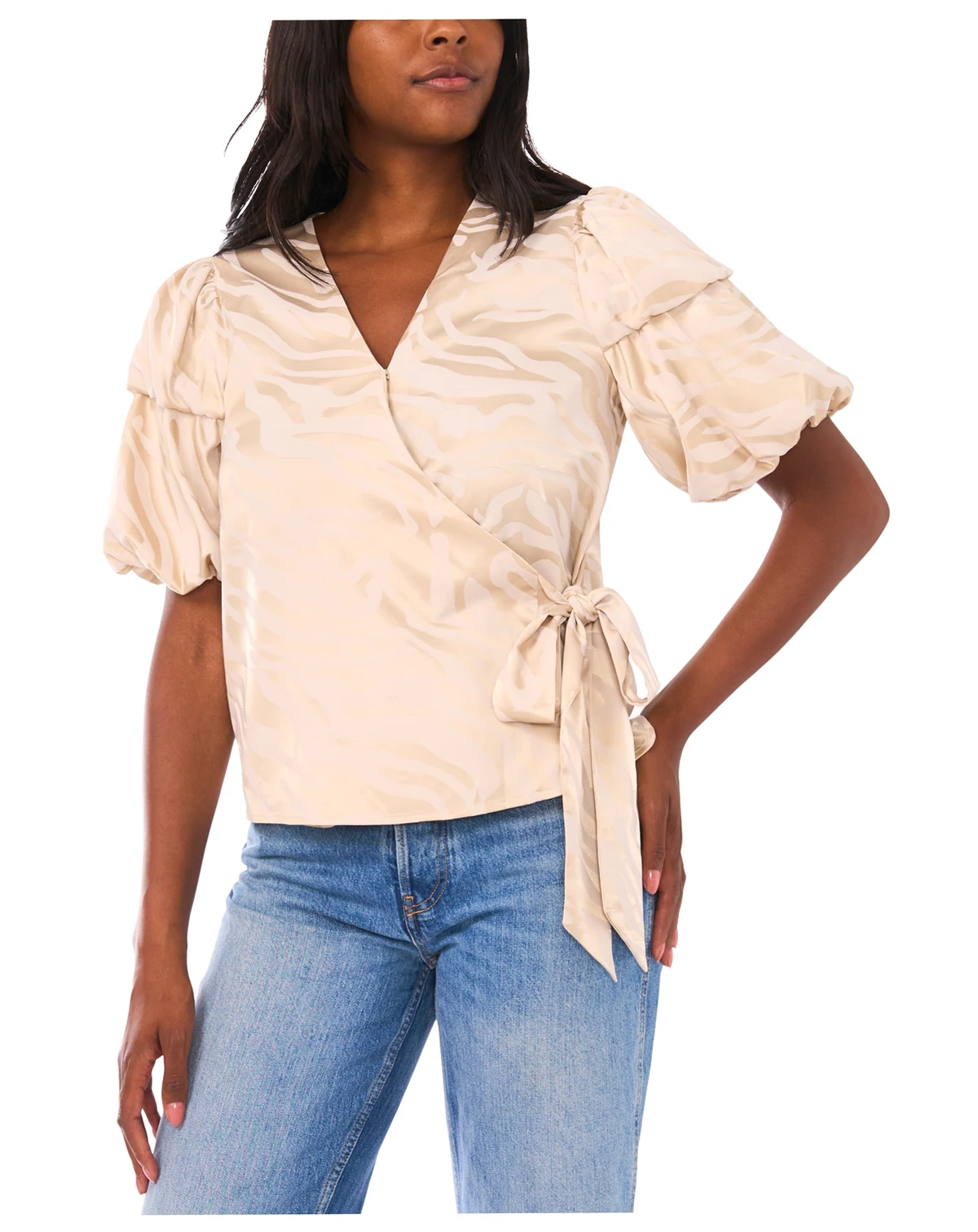 Women's Bubble Sleeve V-Neck Wrap Tie Top
