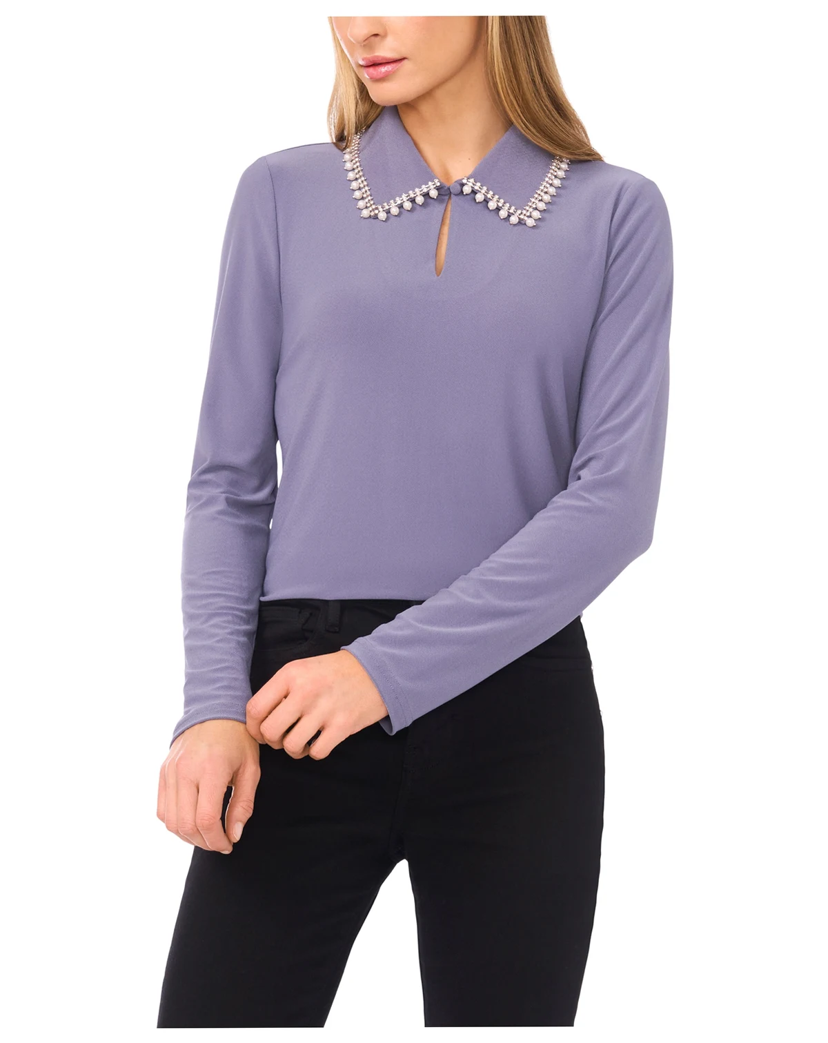 Women's Rhinestone Embellished Long Sleeve Collared Top