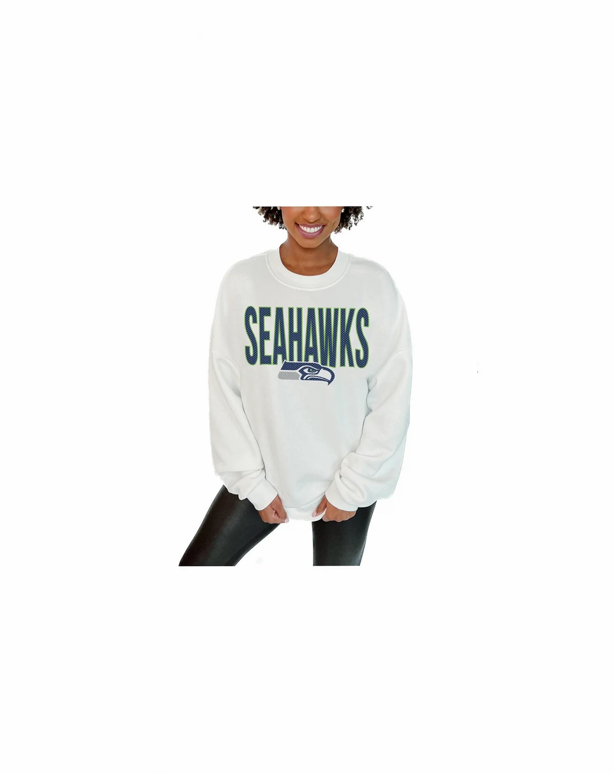 Women's White Seattle Seahawks Just Go With It Oversized Long Sleeve Crewneck Sweatshirt