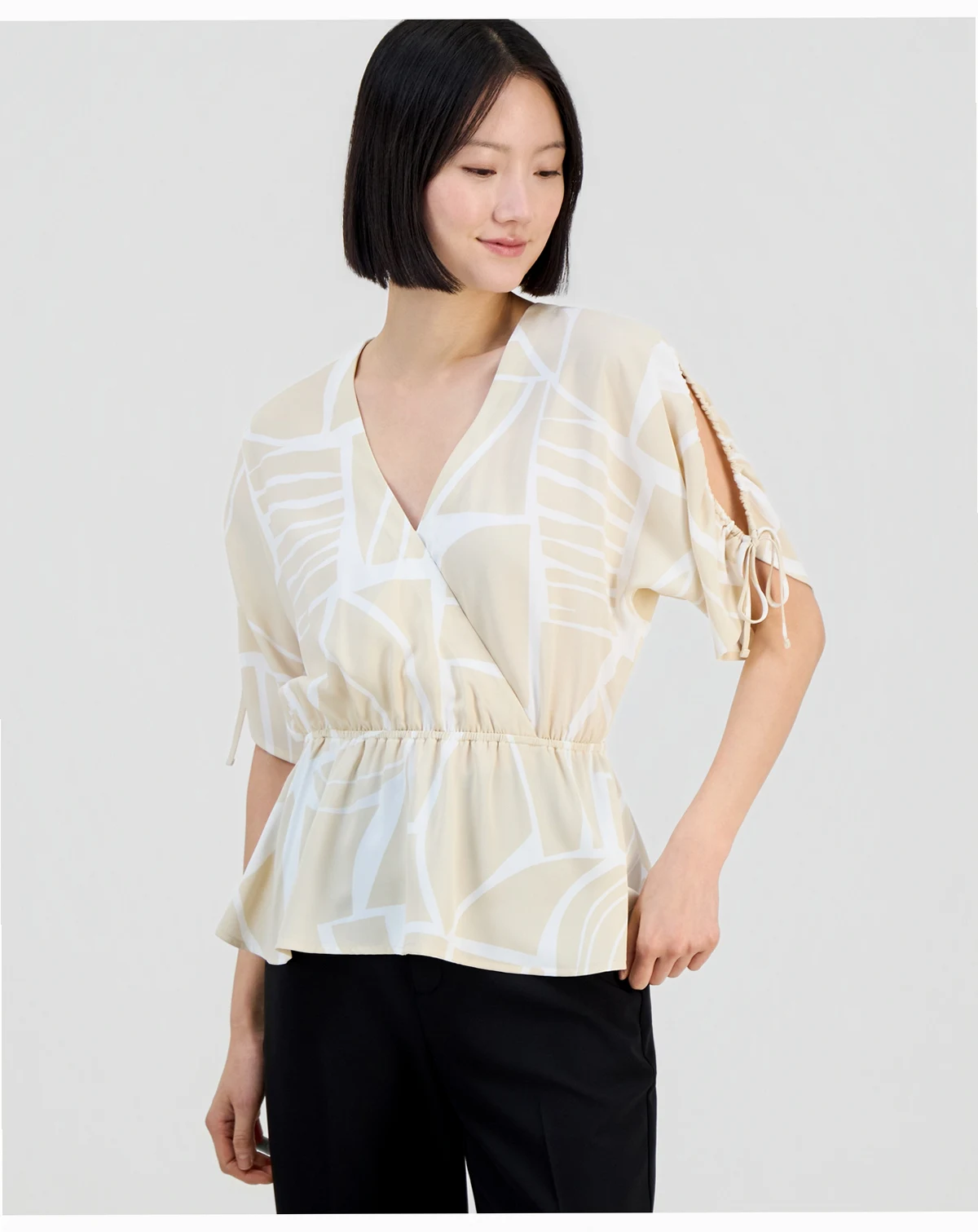 Women's Elbow Sleeve Printed Faux Wrap Top, Macy's Exclusive