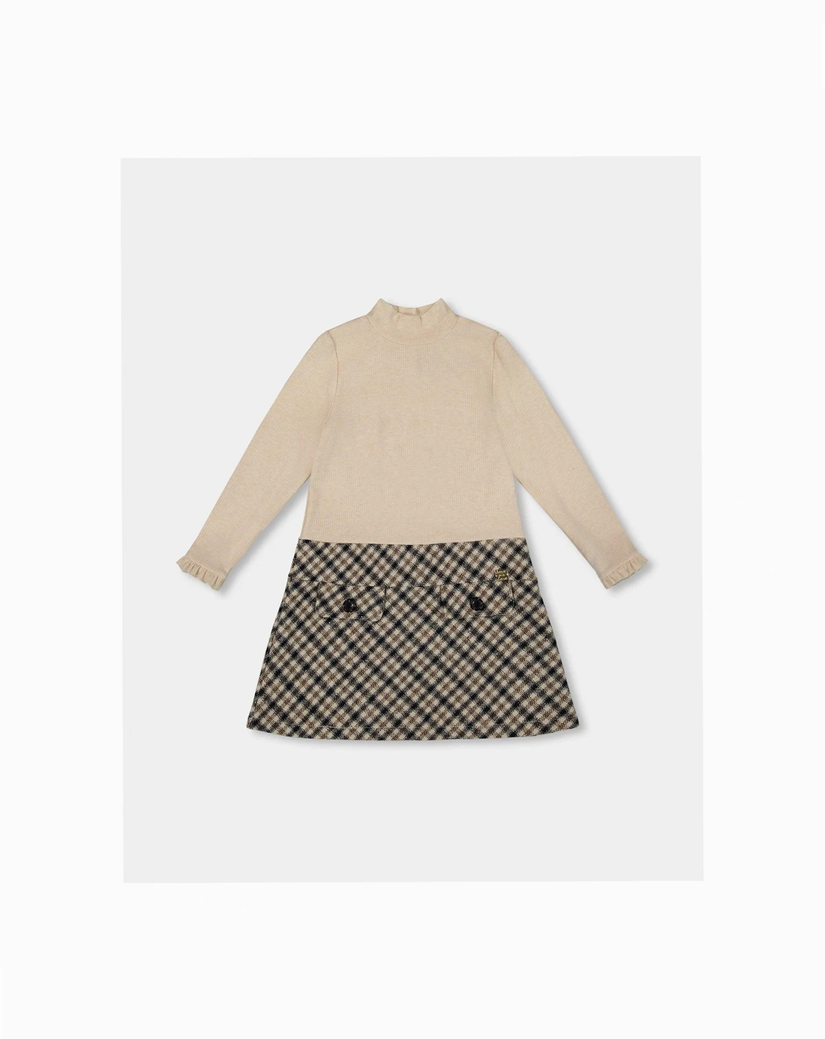 Girl Long Sleeve Bi-Material Mock Neck Dress Beige and Plaid - Toddler|Child