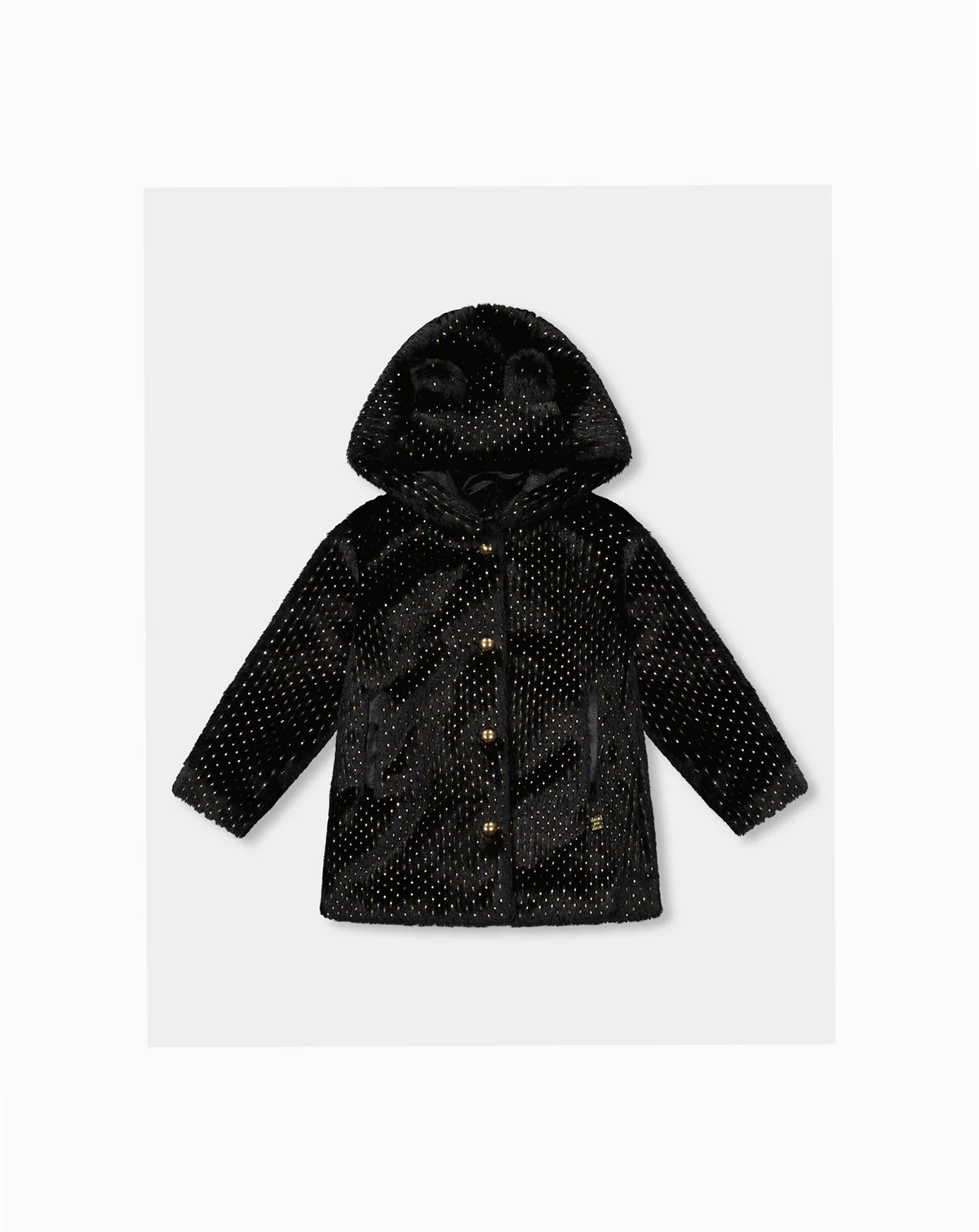 Girl Bear Faux Fur Coat Black with Gold Polka Dots - Toddler|Child