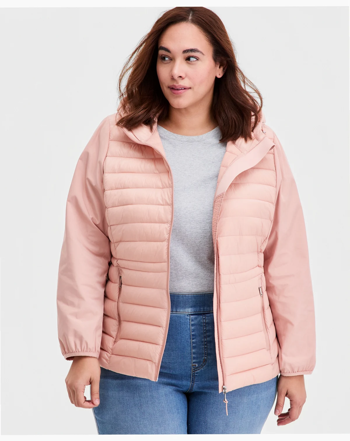 Plus Size Mixed-Media Packable Coat