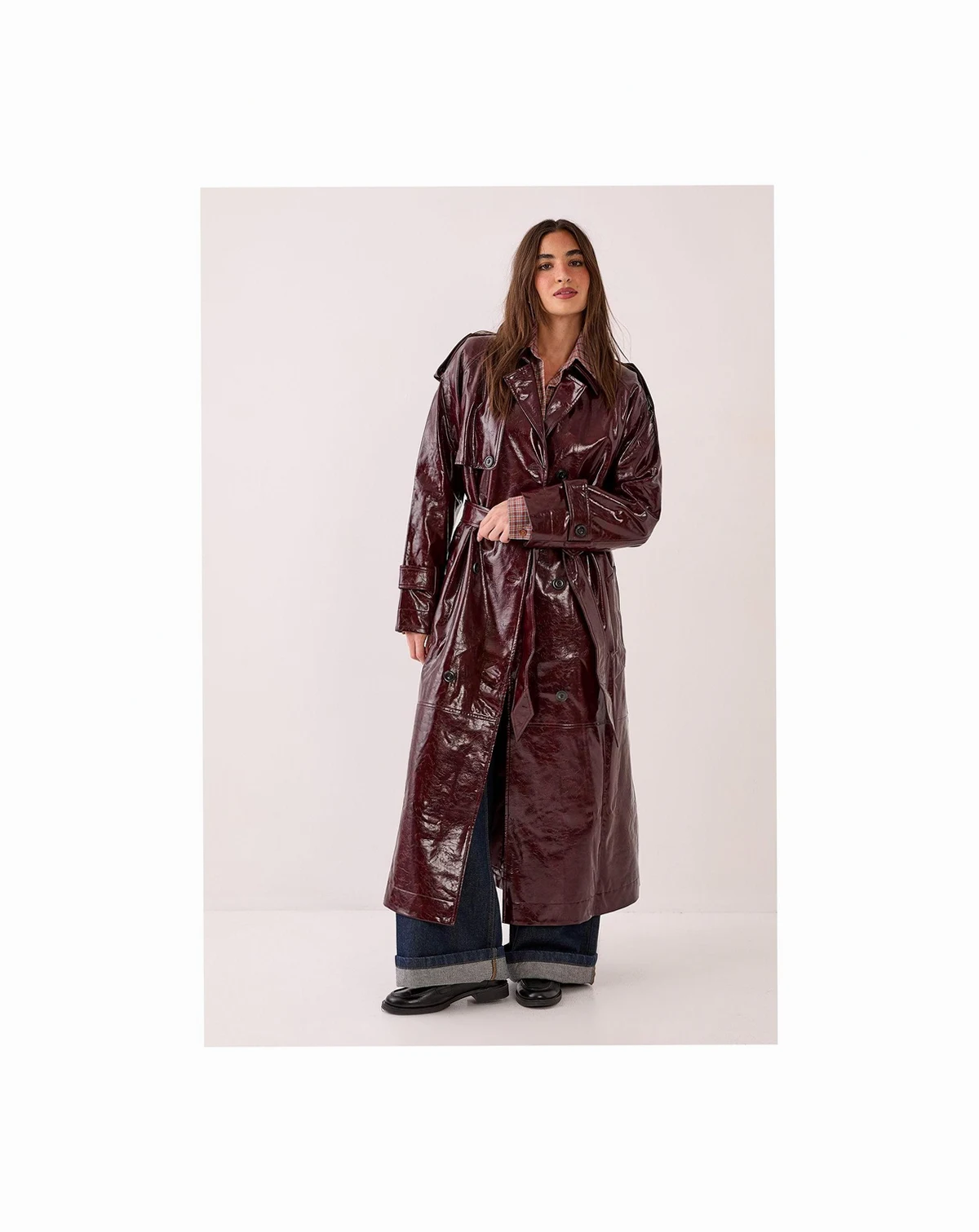 Women's High Shine Faux Leather Trench Coat