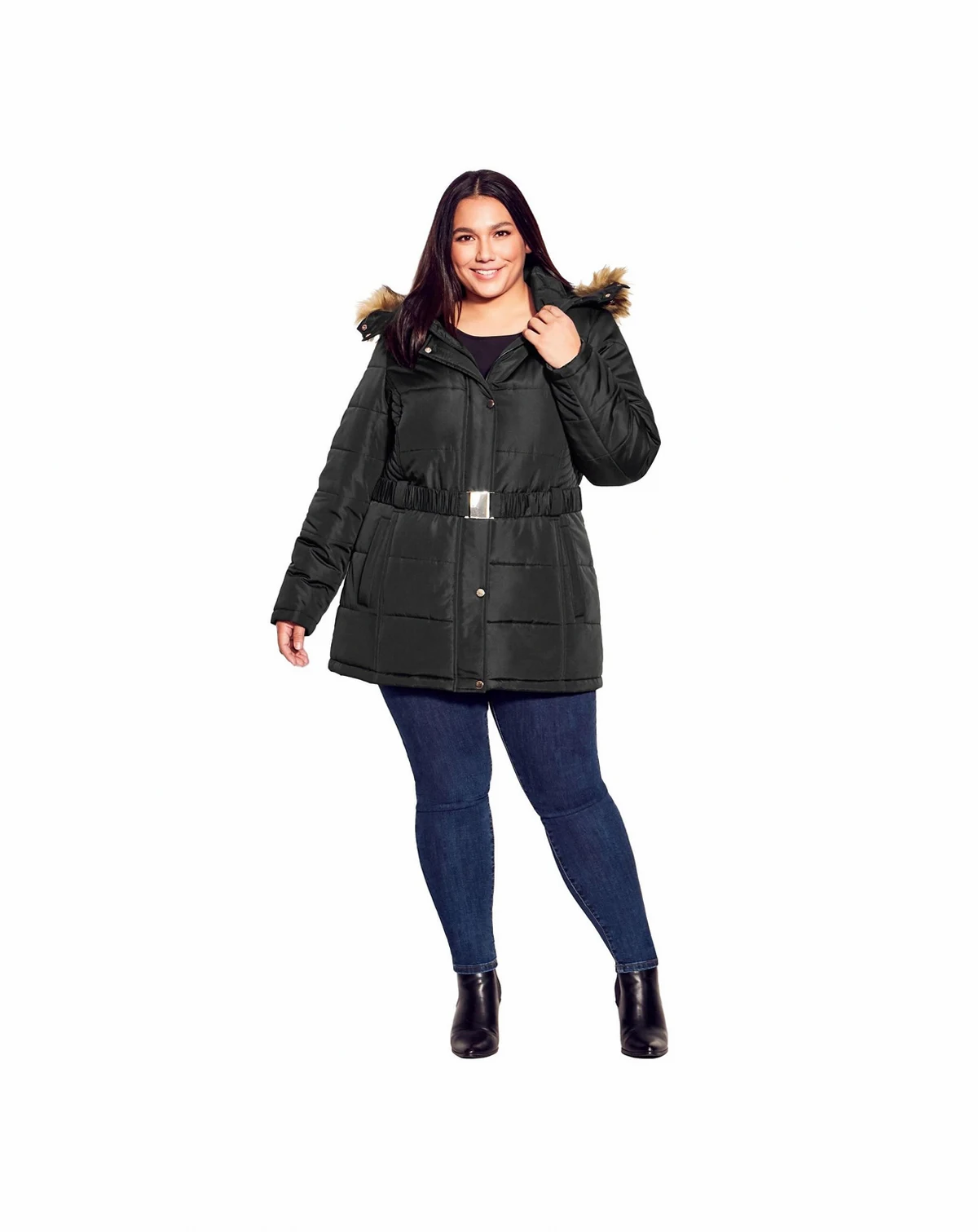 Women's Plus Size Belted Hood Puffer Coat