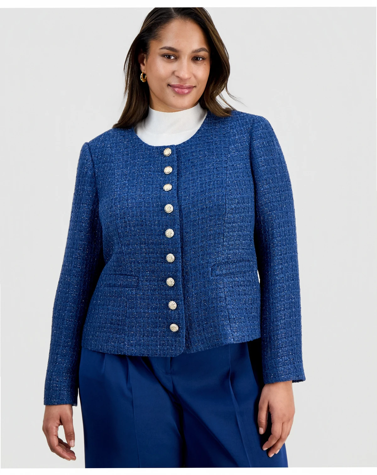 Plus Size Boucle-Knit Collarless Jacket