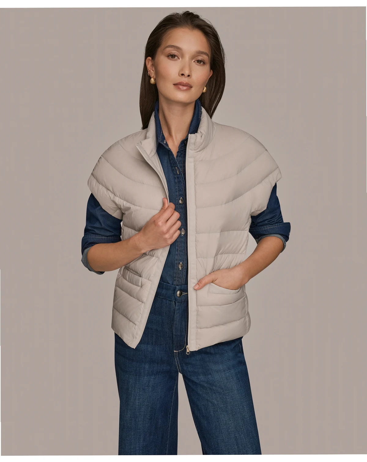 Women's Down Fill Packable Cap Sleeve Jacket with Sweater Knit Back