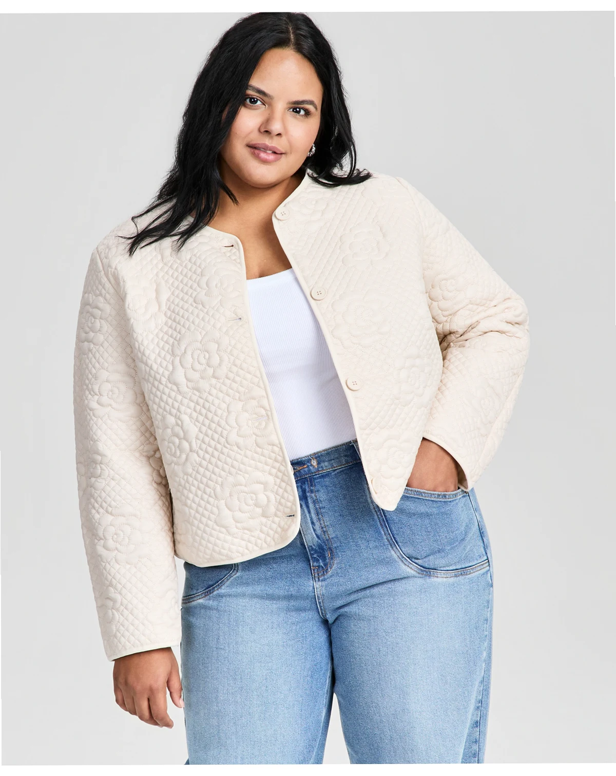 Trendy Plus Floral Quilted Jewel-Neck Jacket, Macy's Exclusive