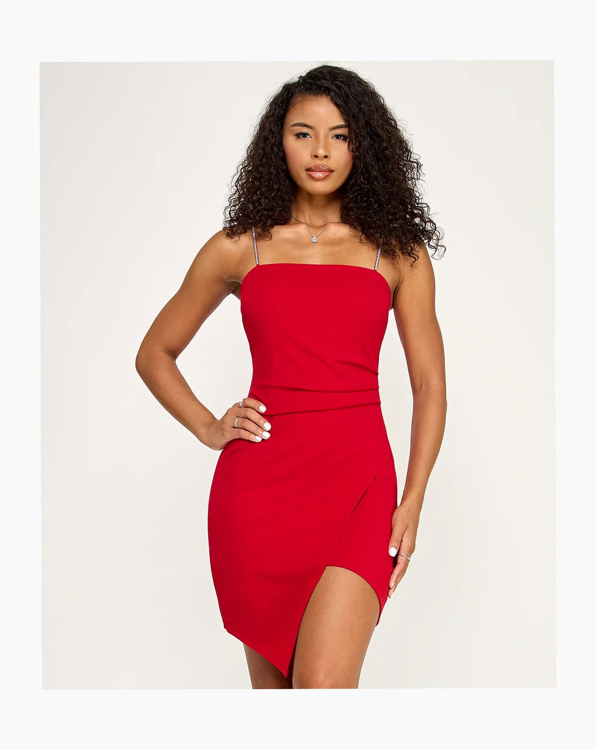 Juniors' Rhinestone-Strap Asymmetrical-Hem Bodycon Dress