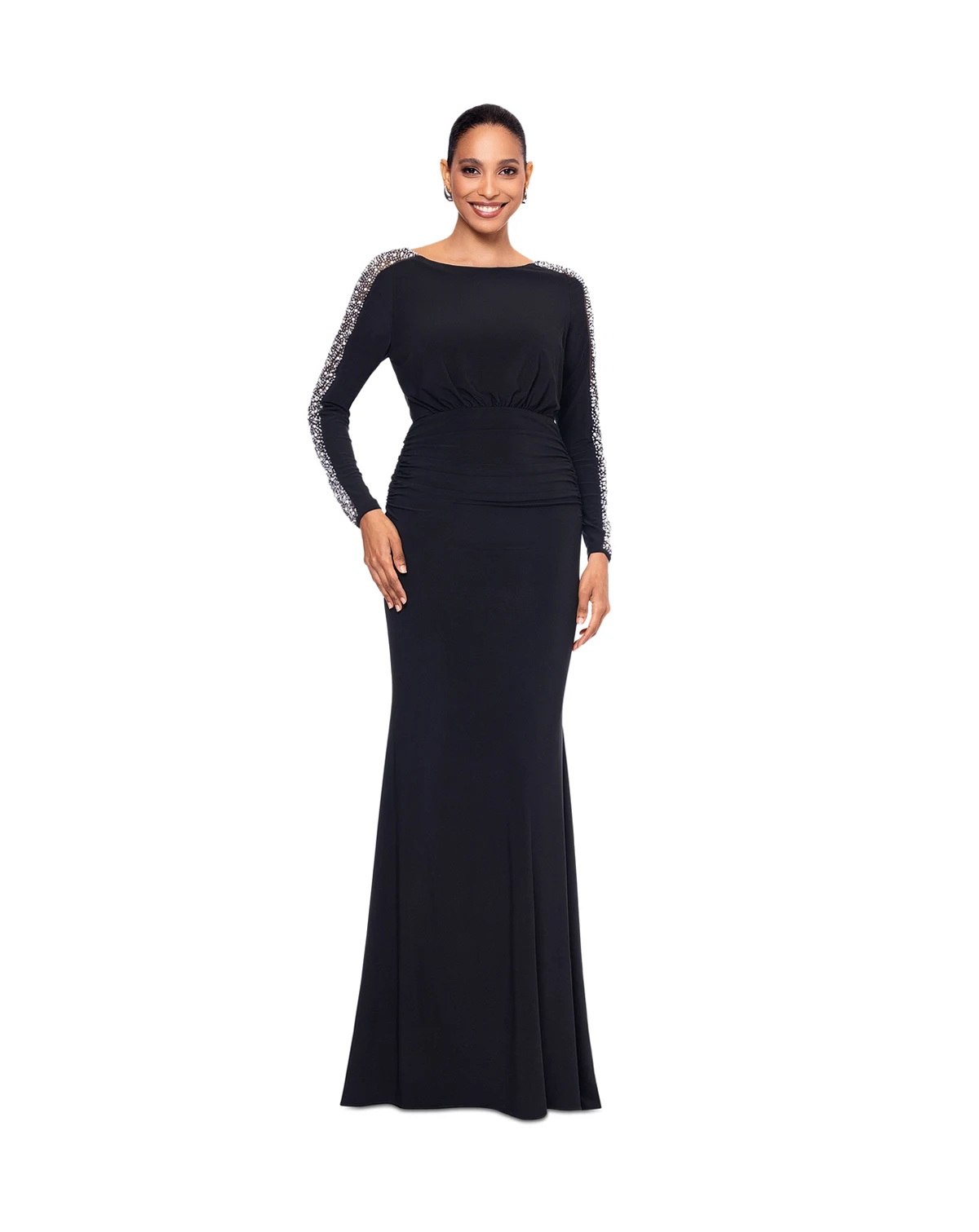 Women's Beaded-Sleeve Ruched Gown
