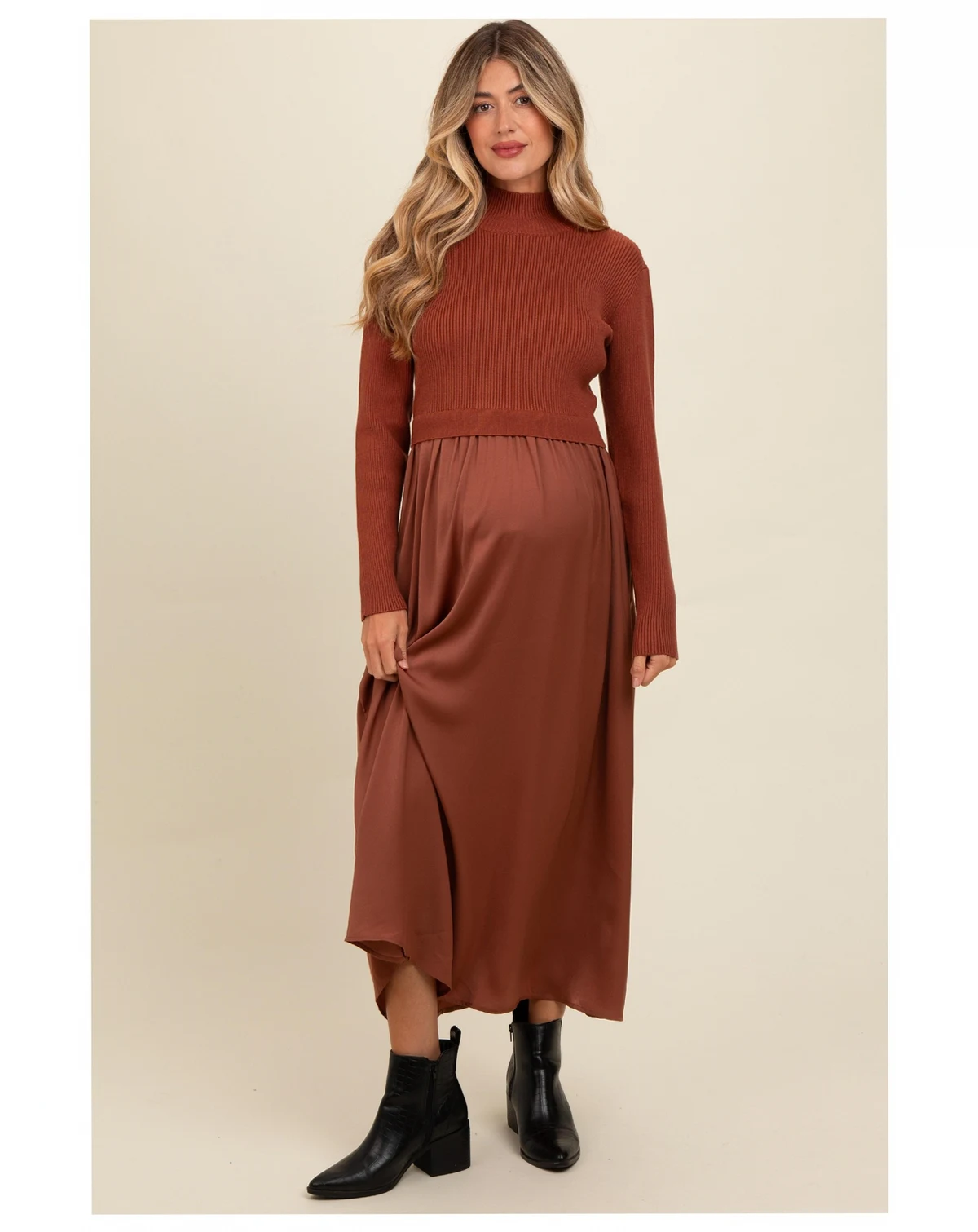 Maternity Olive Knit Contrast Top Satin Midi Dress