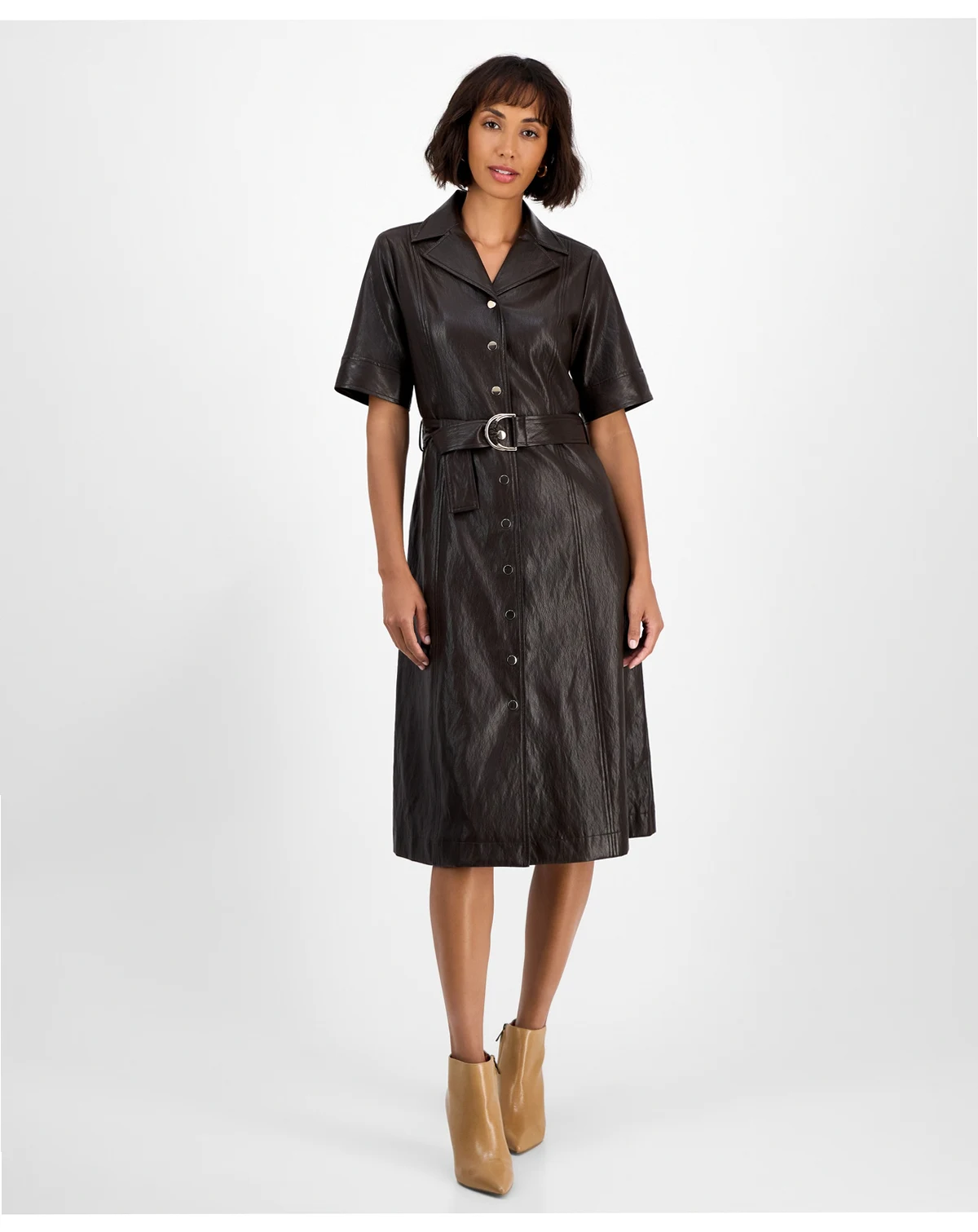 Women's Faux-Leather Belted Button-Front Dress