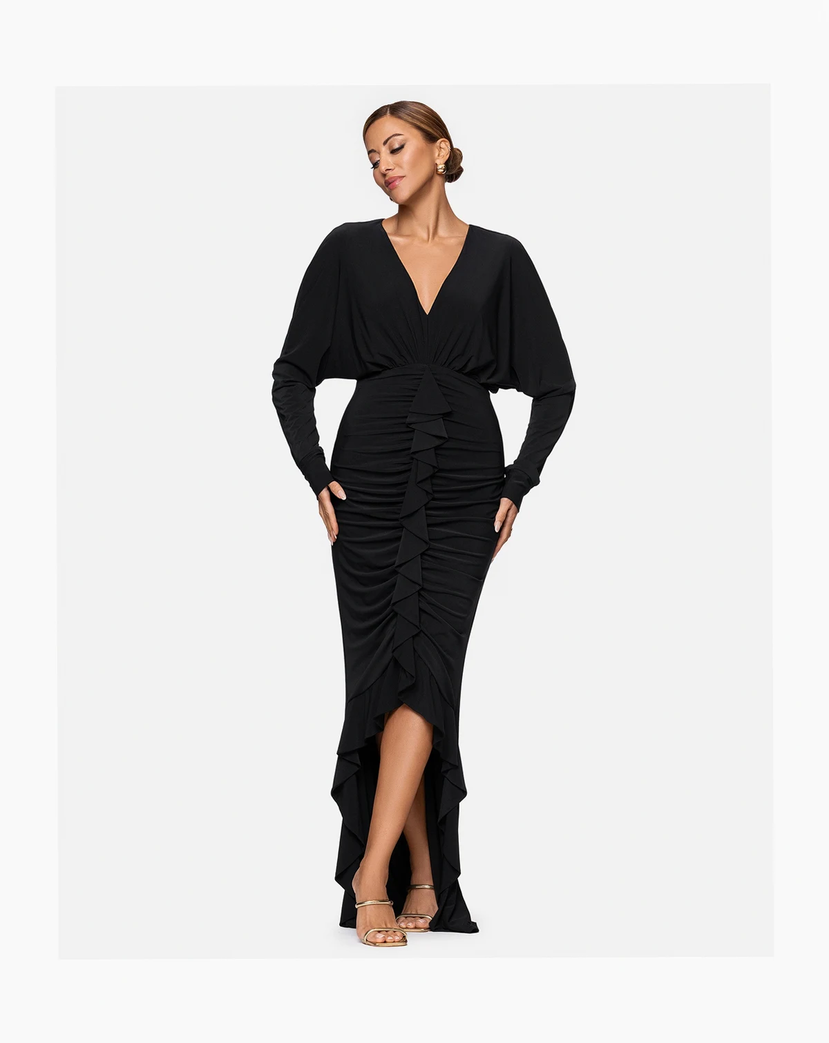 Women's V-Neck Ruched Asymmetrical Hemline Long Dress