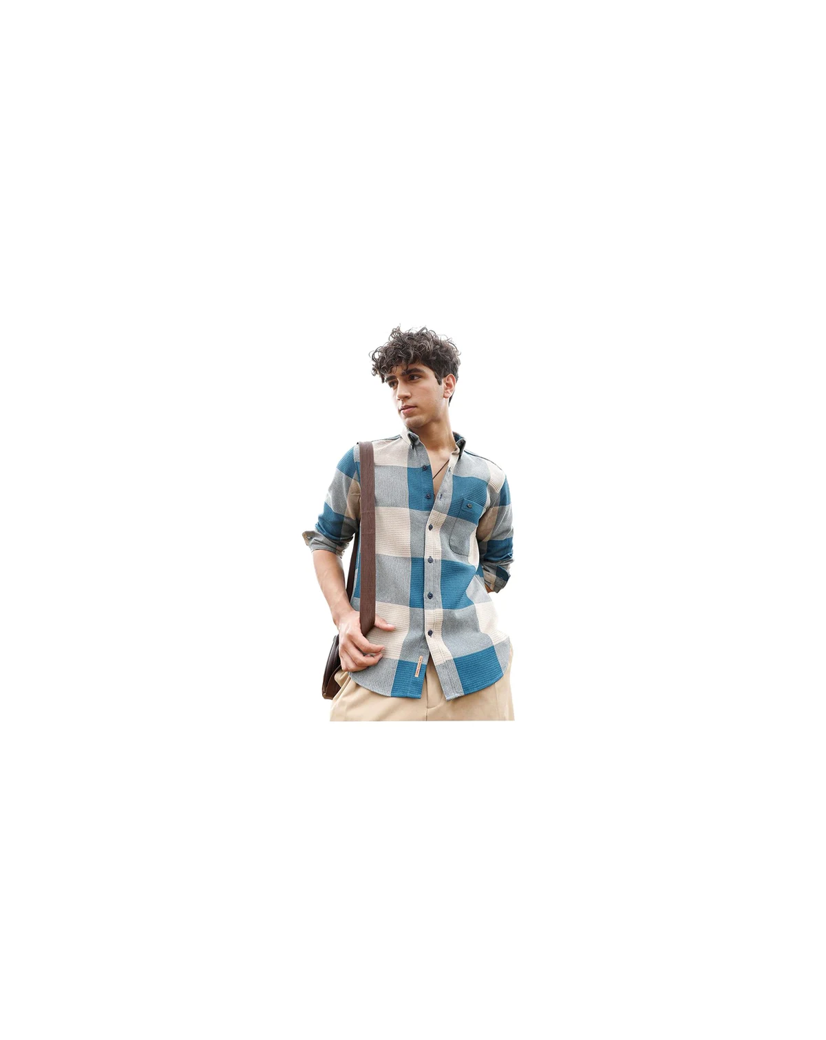 Men's Azure Blue & Off-White Buffalo-Woven Regular Shirt