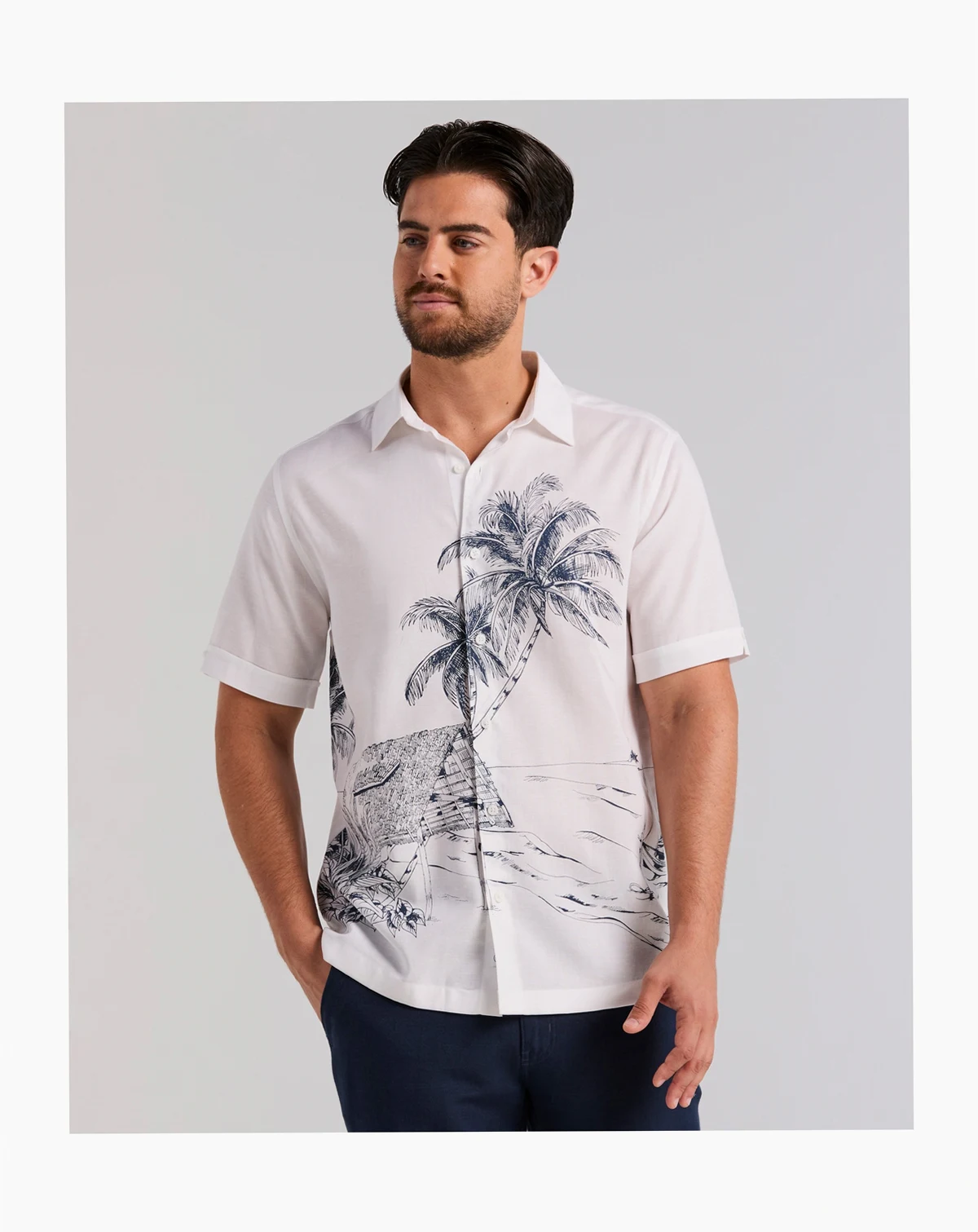 Men's Linen-Blend Island Scenic Print Shirt