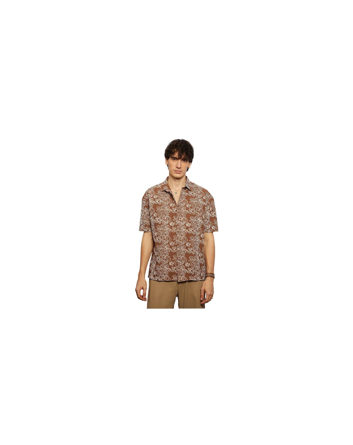 Men's Mocha Brown Floral-Lined Oversized Shirt