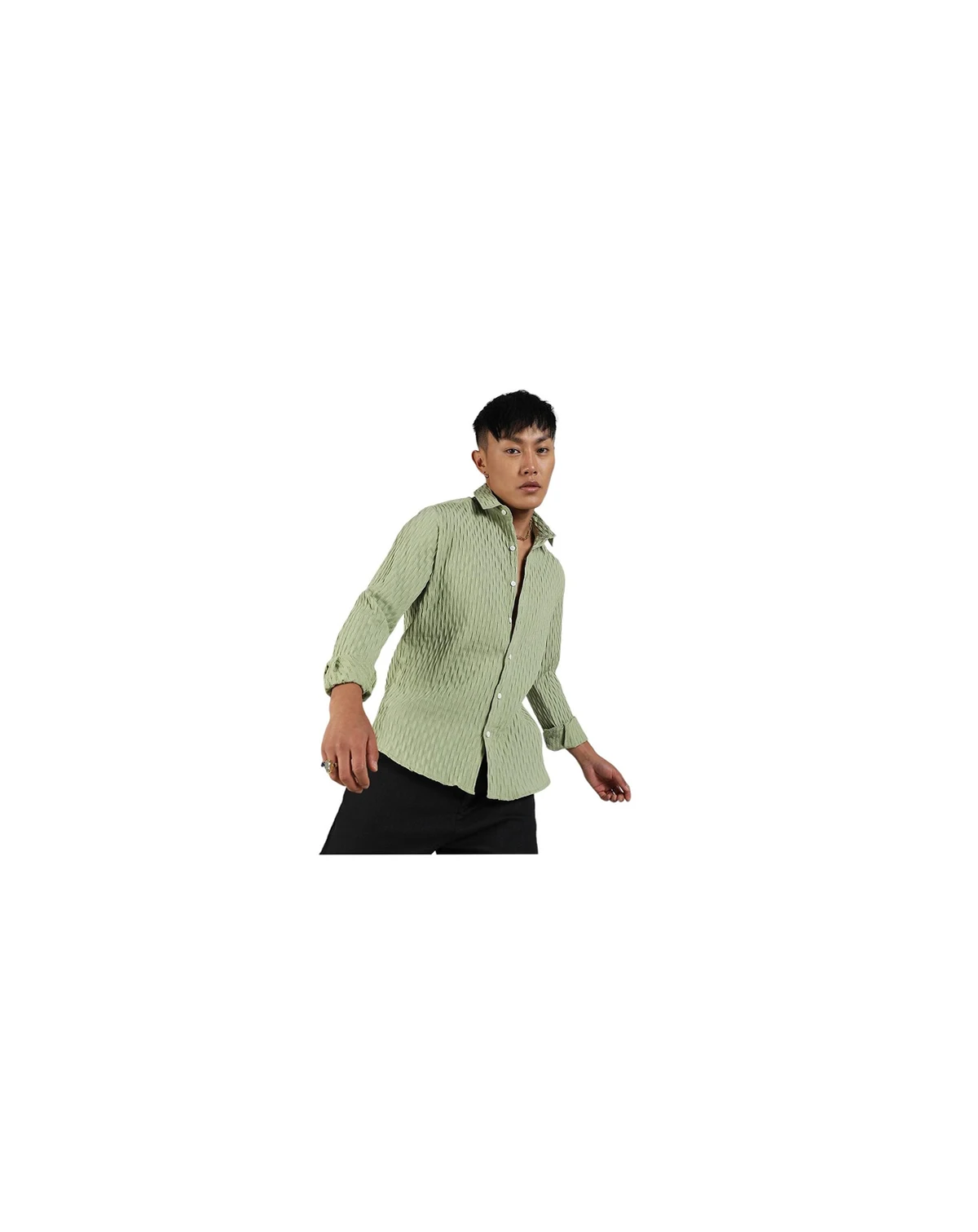 Men's Pistachio Green Crinkled-Weave Shirt