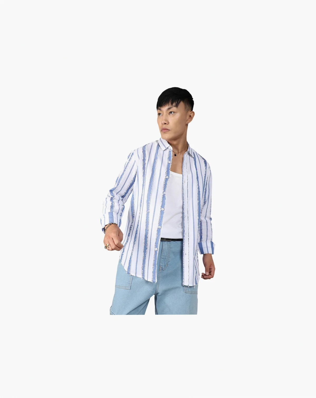 Men's Sky Blue & Chalk White Striped Fringe Shirt