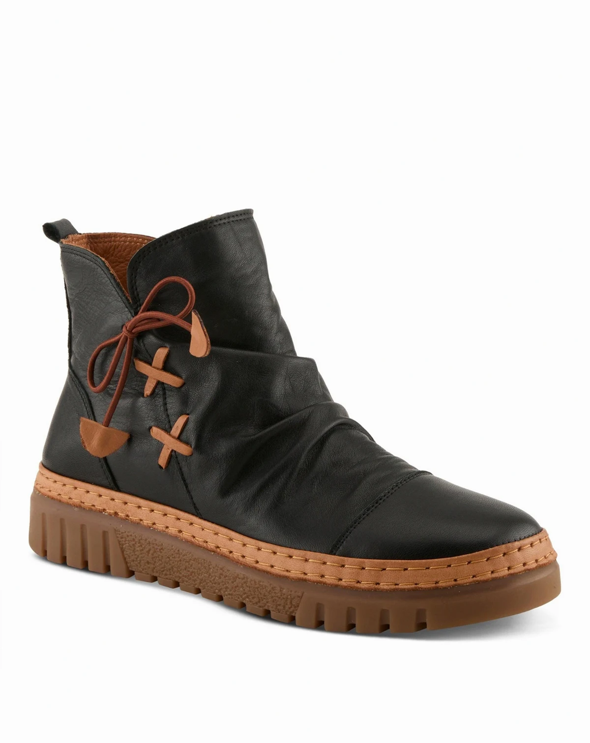 Vandis Ruched Leather Ankle Bootie with Side Lace Detail and Arch Support Insole