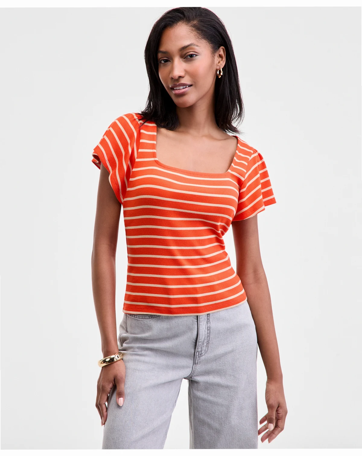 Women's Square-Neck Flutter-Sleeve Ribbed Top, Macy's Exclusive