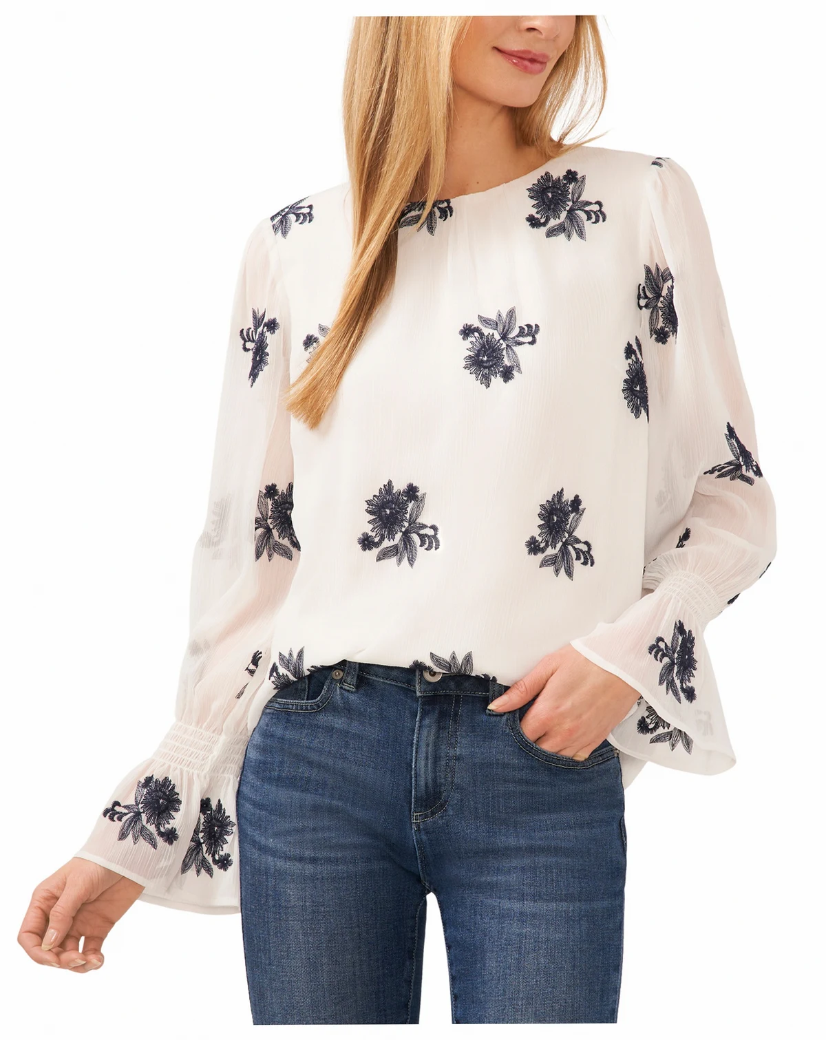 Women's Floral Print Smocked Cuff Blouse