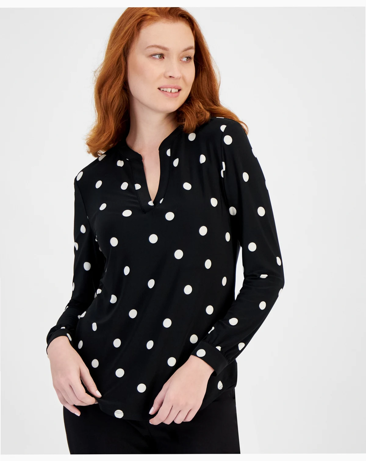 Women's Split-Neck Pearl-Dot Top