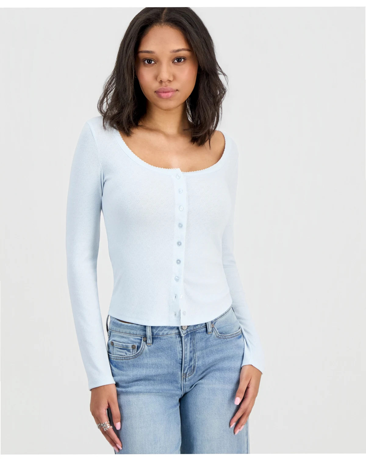 Juniors' Picot-Trim Pointelle Cardigan Knit Long-Sleeve