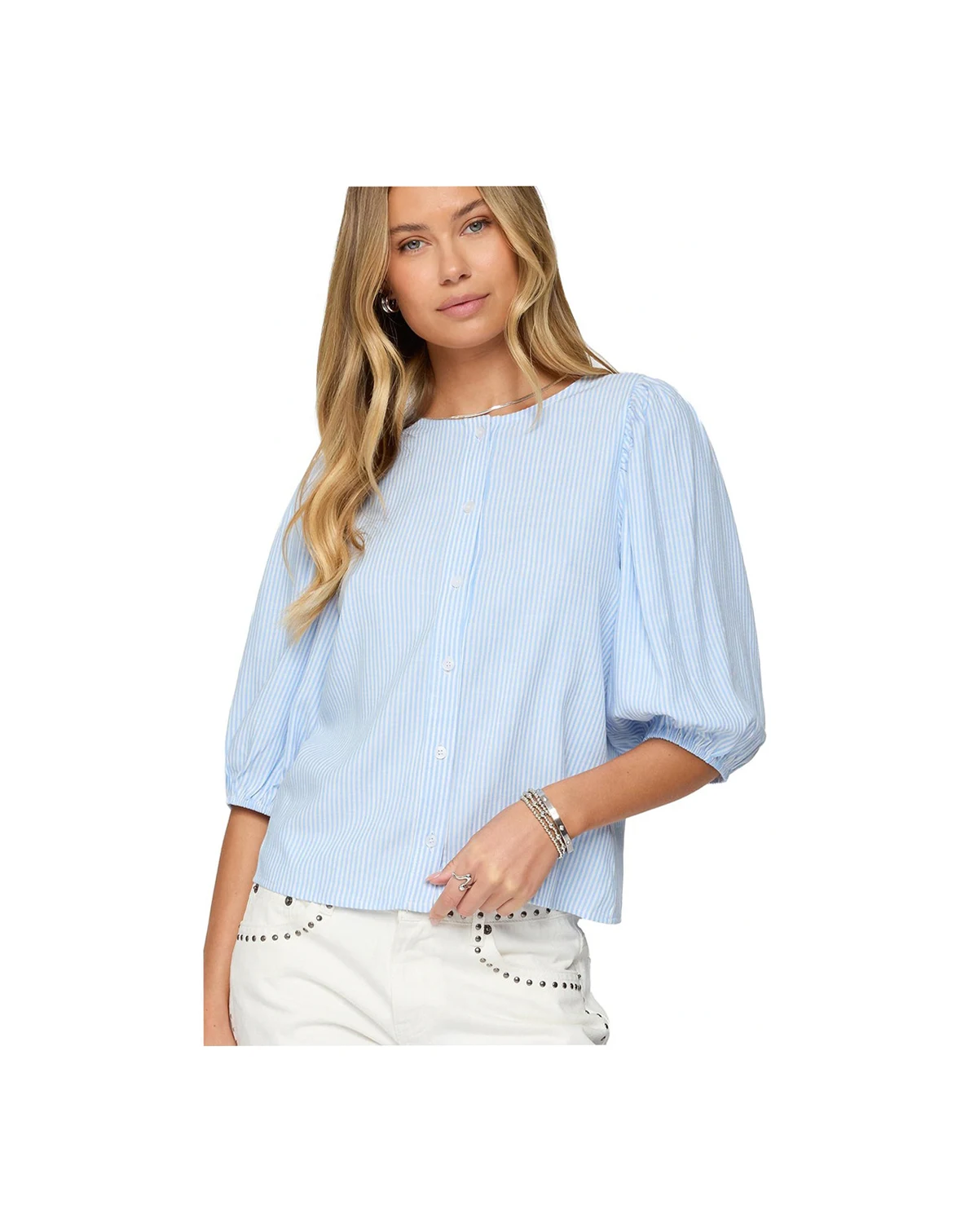 Women's Pinstripe Linen Look Button Up Shirt