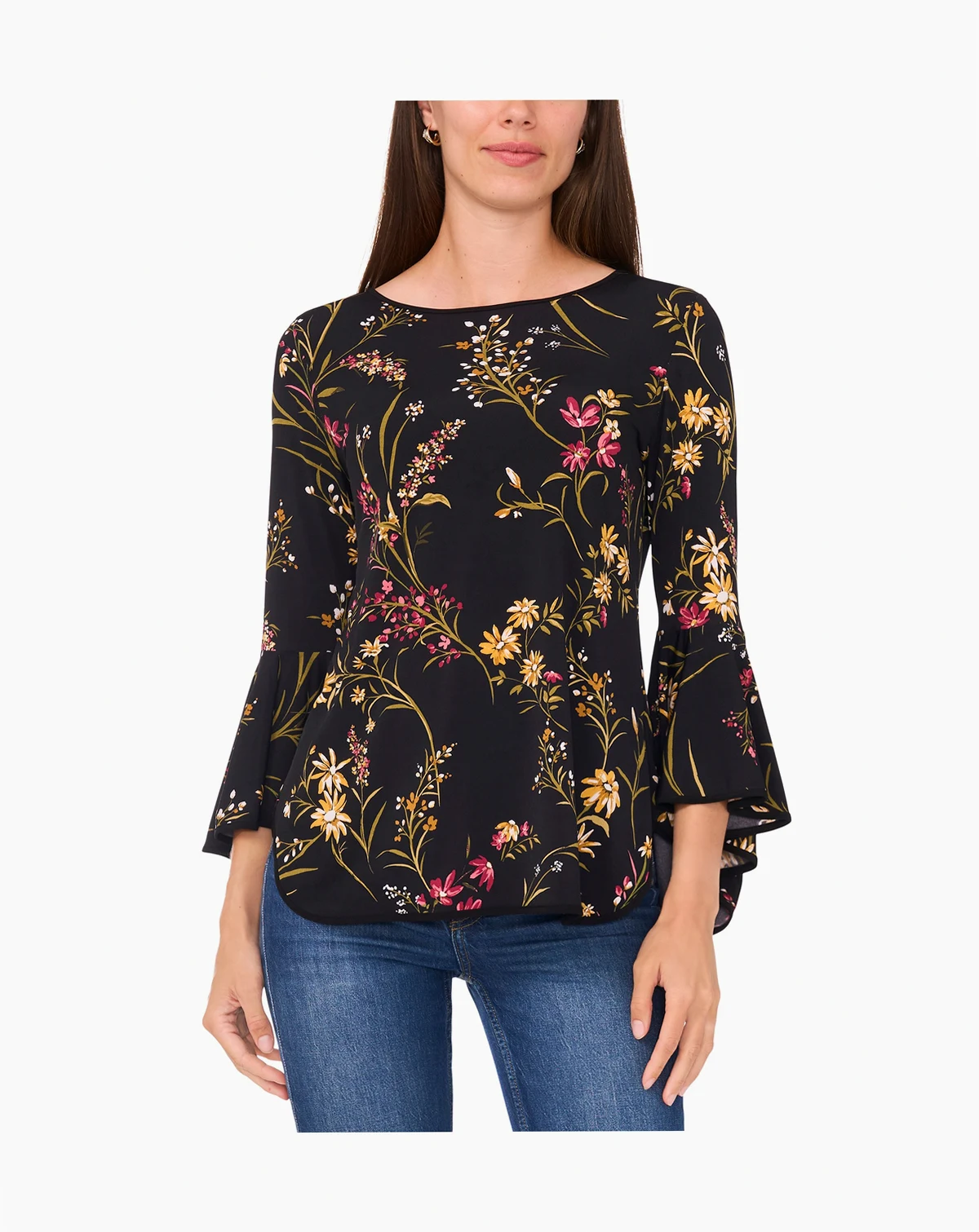 Women's Printed Crewneck 3/4-Bell-Sleeve Blouse