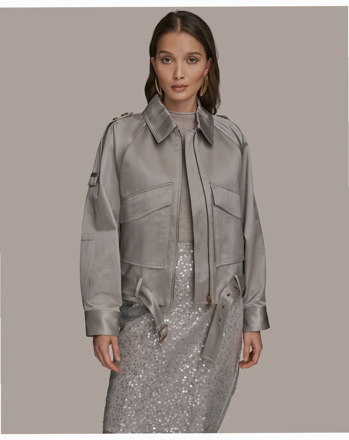 Women's Collared Front Zip Belted Jacket