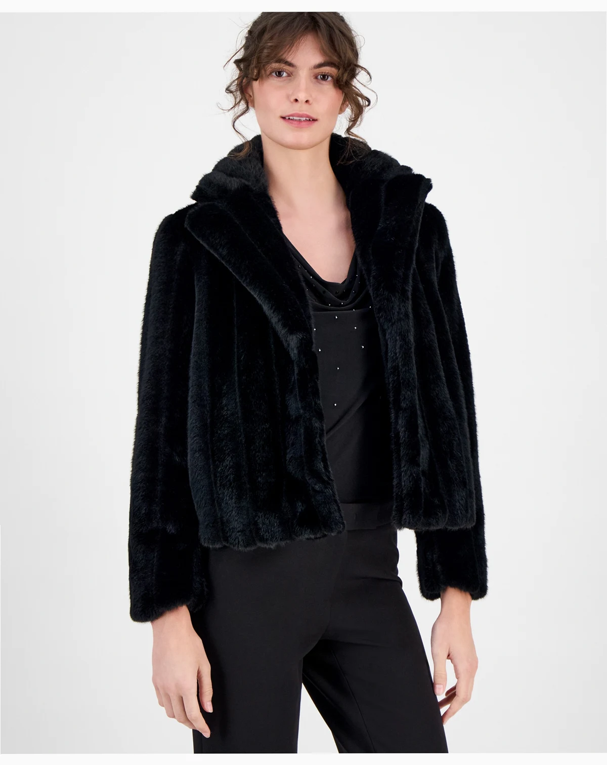 Petite Faux-Fur Cropped Notch-Collar Jacket
