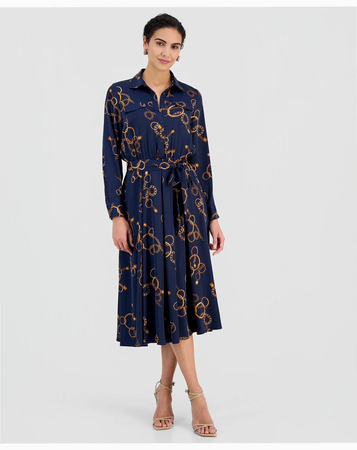 Women's Printed Belted Midi Dress