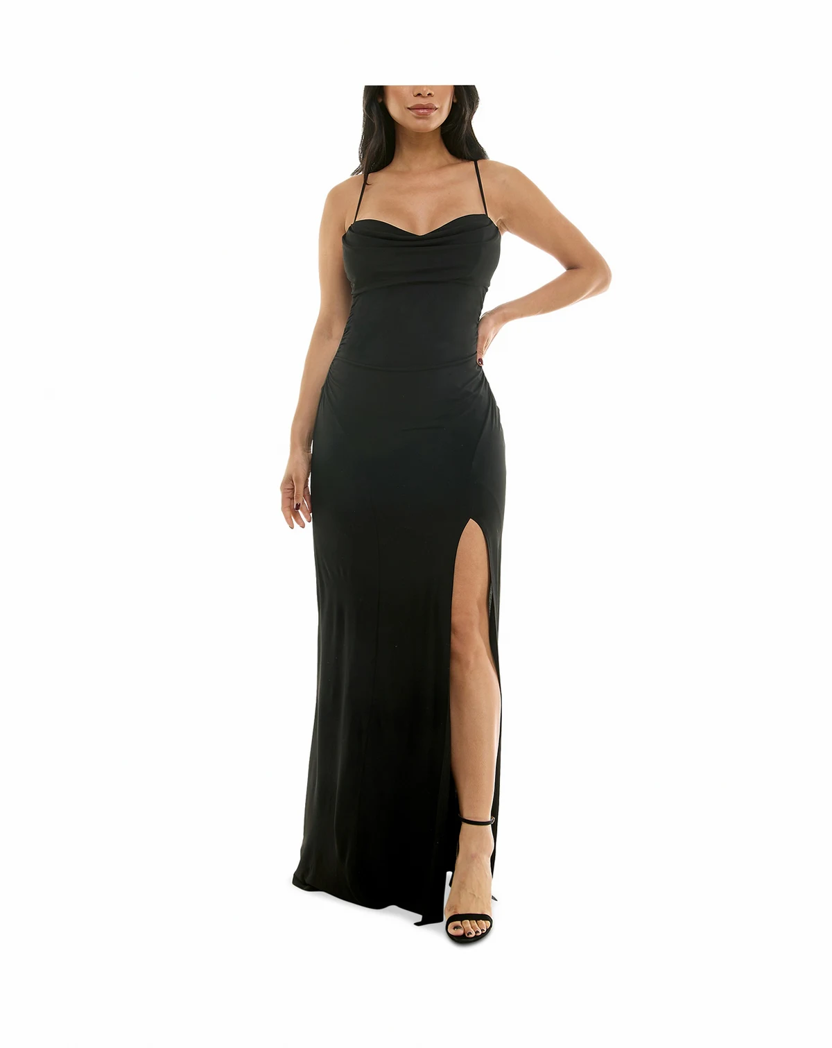 Juniors' Spaghetti Strap Cowlneck Slit Gown