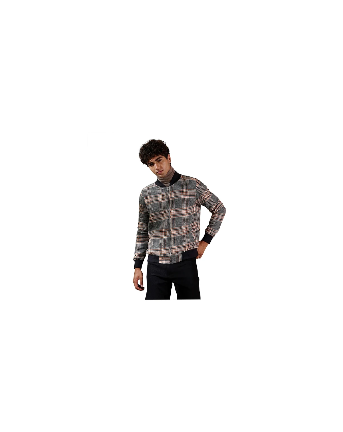Men's Midnight Black & Chocolate Brown Tartan-Plaid Bomber Jacket