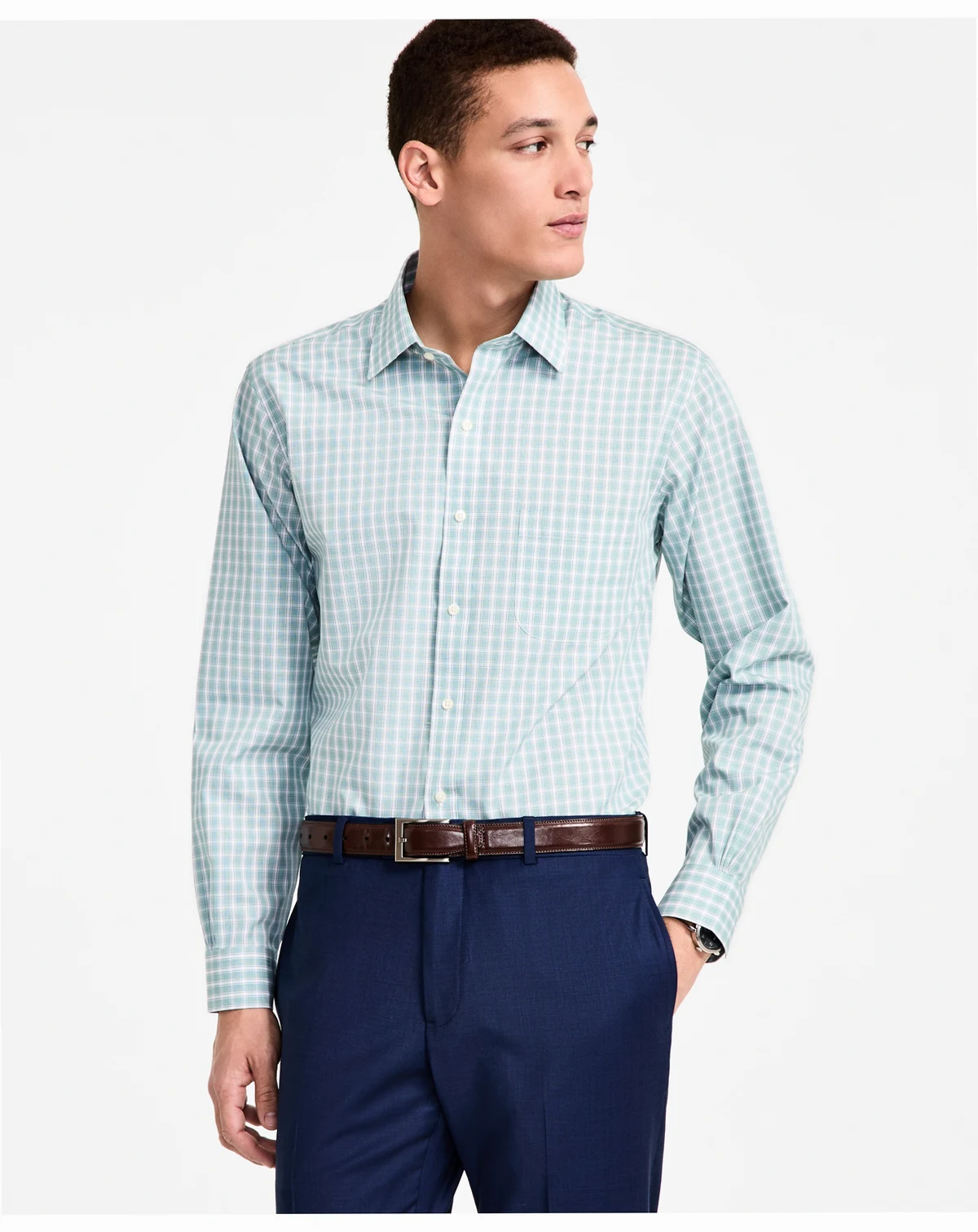 Men's Regular-Fit Non-Iron Spread Collar Check Broadcloth Dress Shirt