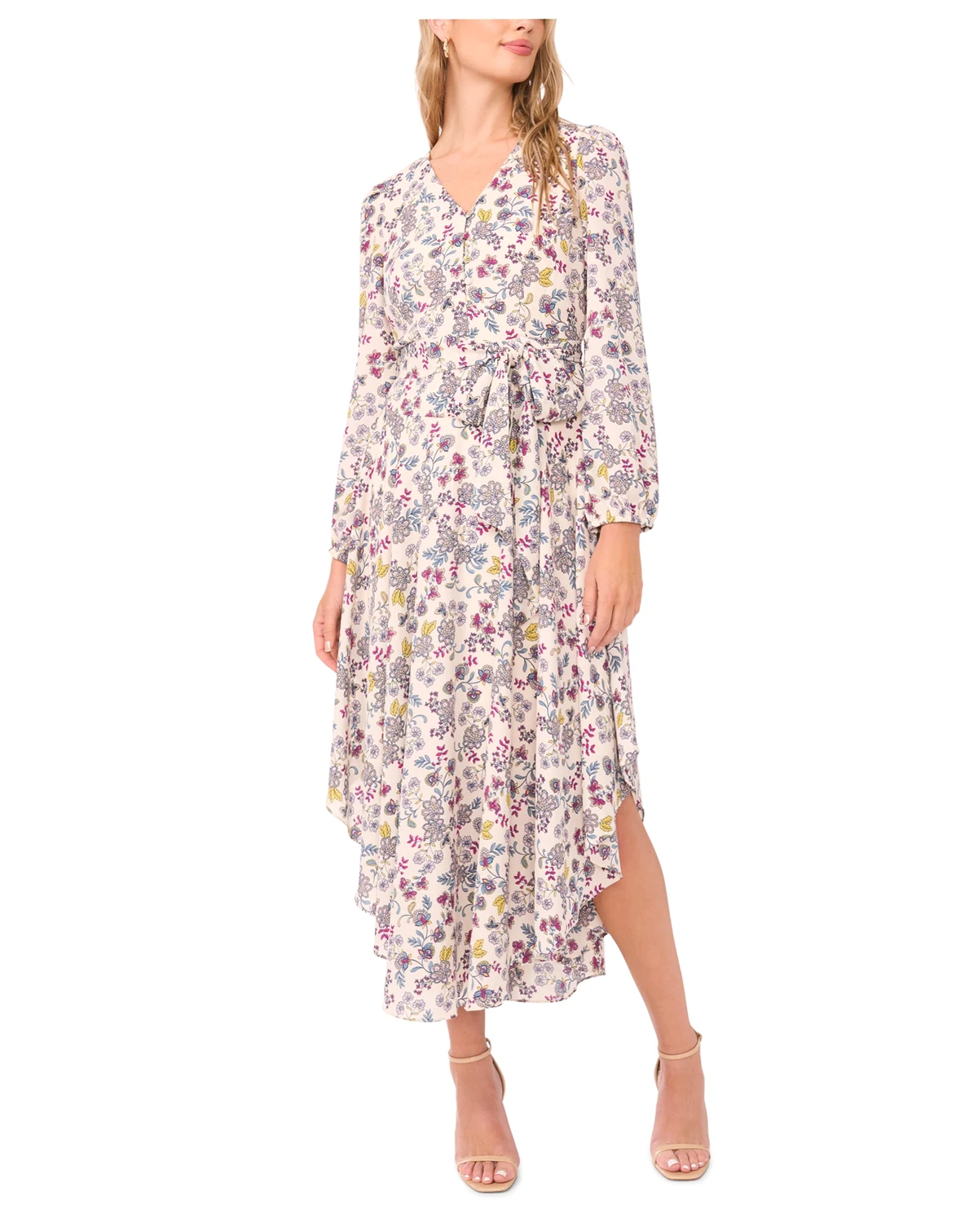 Women's V-Neck Belted Asymmetric-Hem Dress