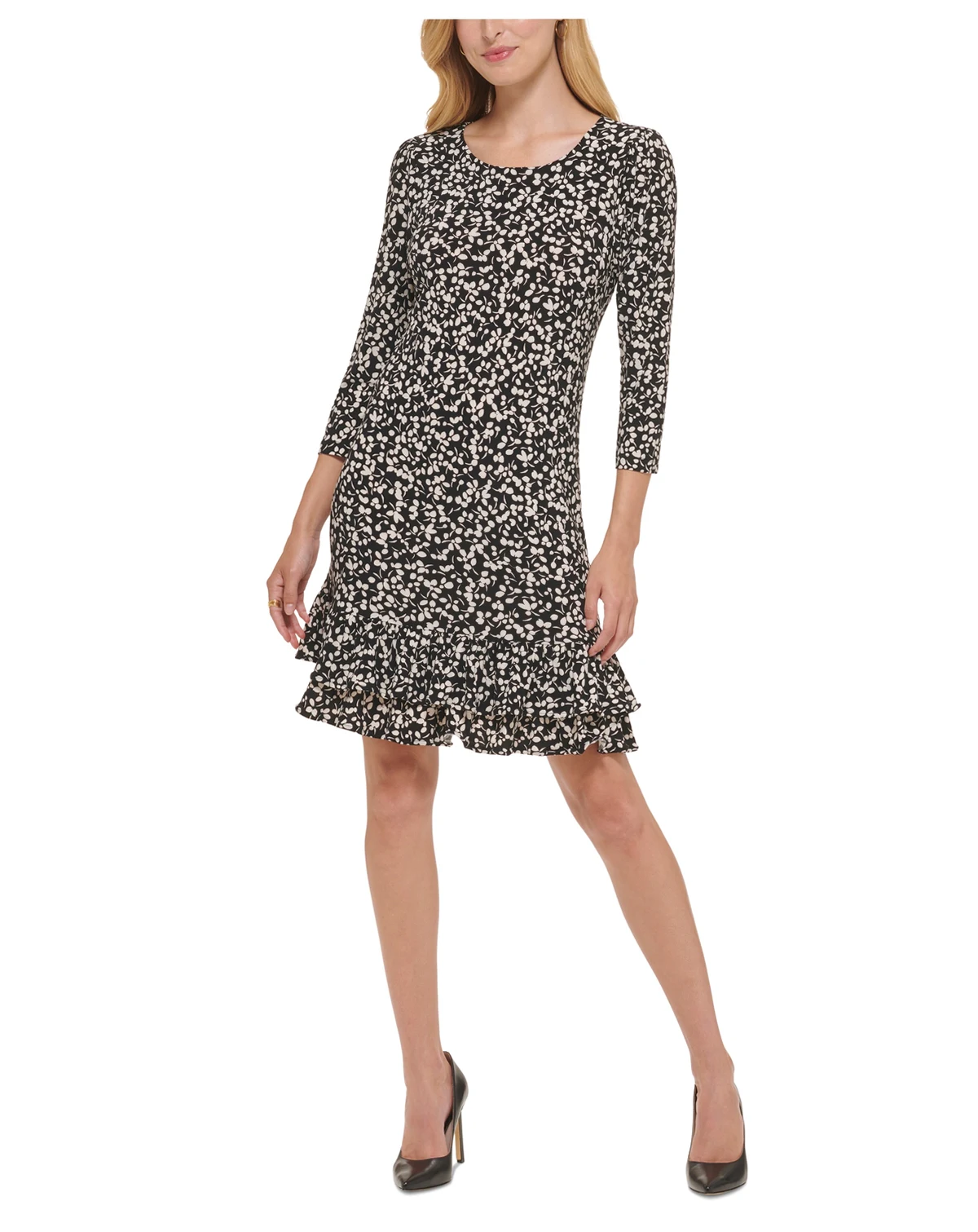 Women's Floral-Print Shift Dress with Ruffled Hem