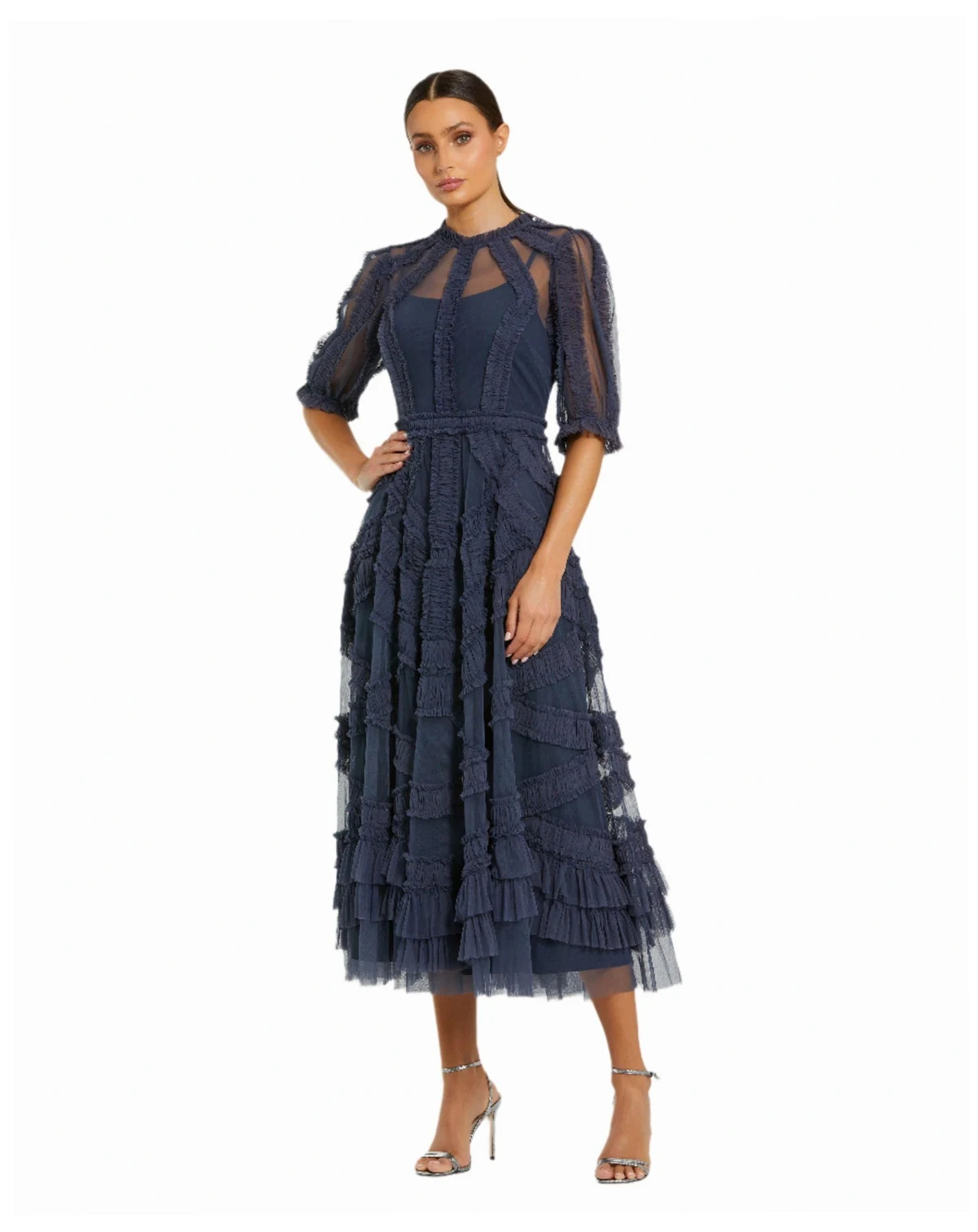 Women's High Neck Puff Sleeve Ruffle Tiered Dress