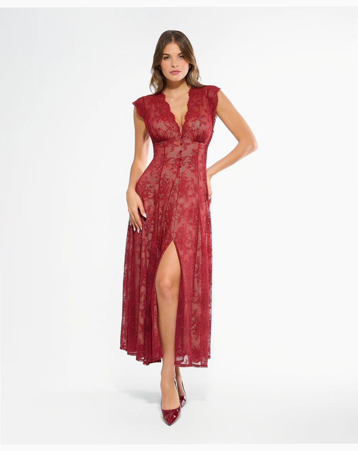 Women's Shapewear Boho Floral Lace Front Slit Maxi Dress