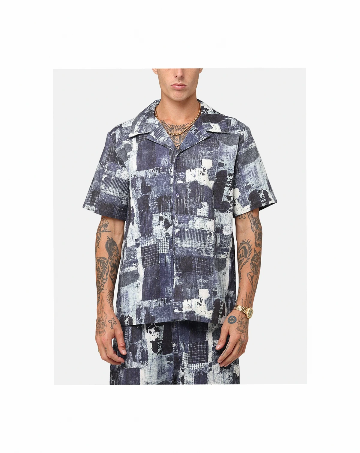 Men's Printed Denim Patch Button Up Shirt