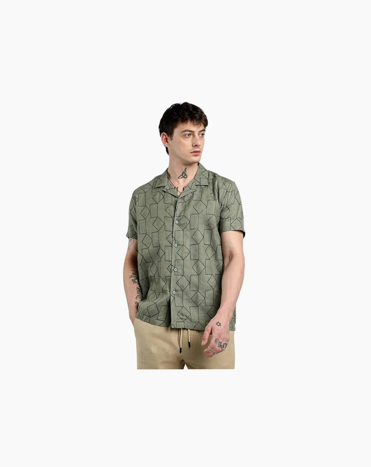 Men's Olive Green Embroidered Geometric-Lined Shirt
