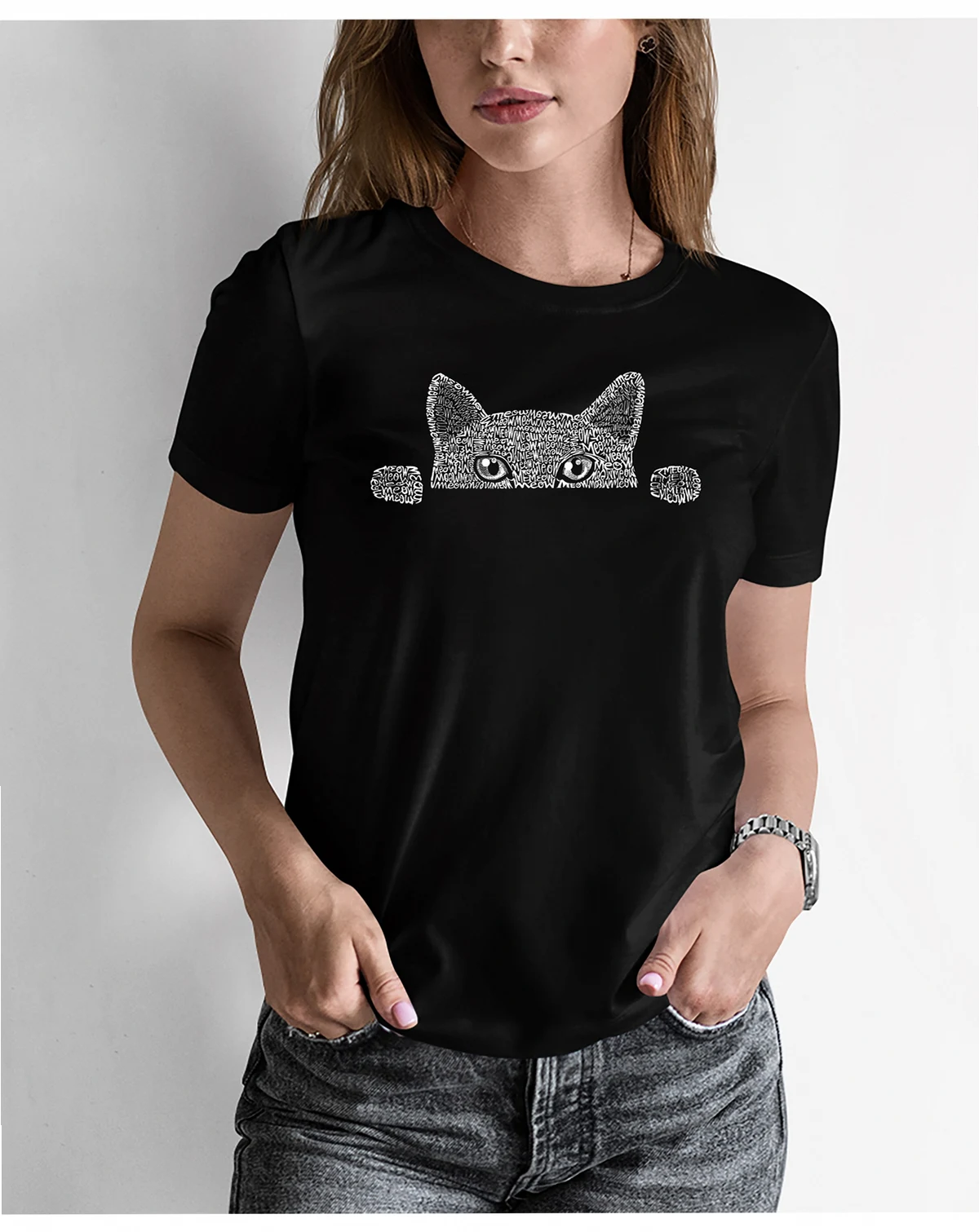 Women's Word Art Peeking Cat T-Shirt