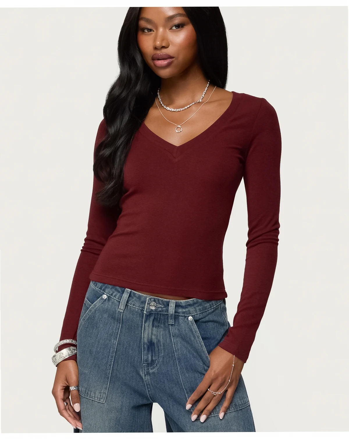 Women's Larna V Neck Ribbed T Shirt
