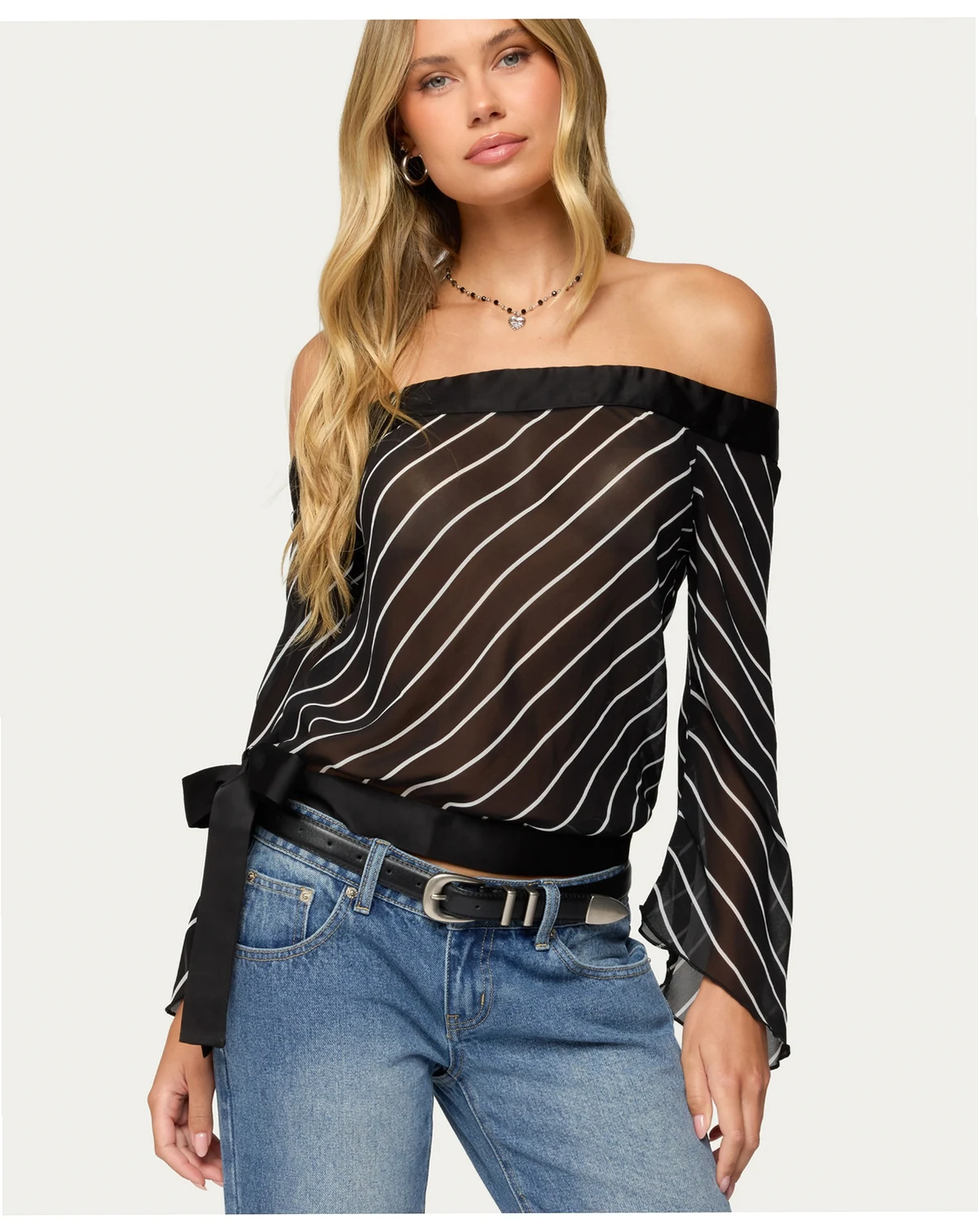 Women's Diagonal Striped Off Shoulder Chiffon Top