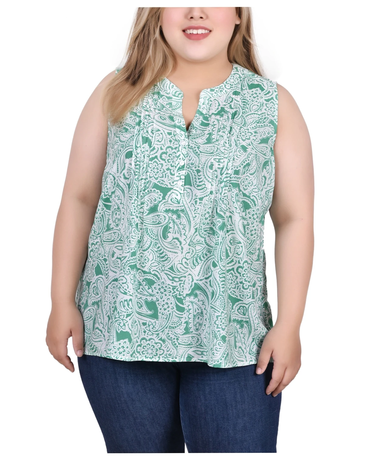 Plus Size Sleeveless Pintucked Blouse