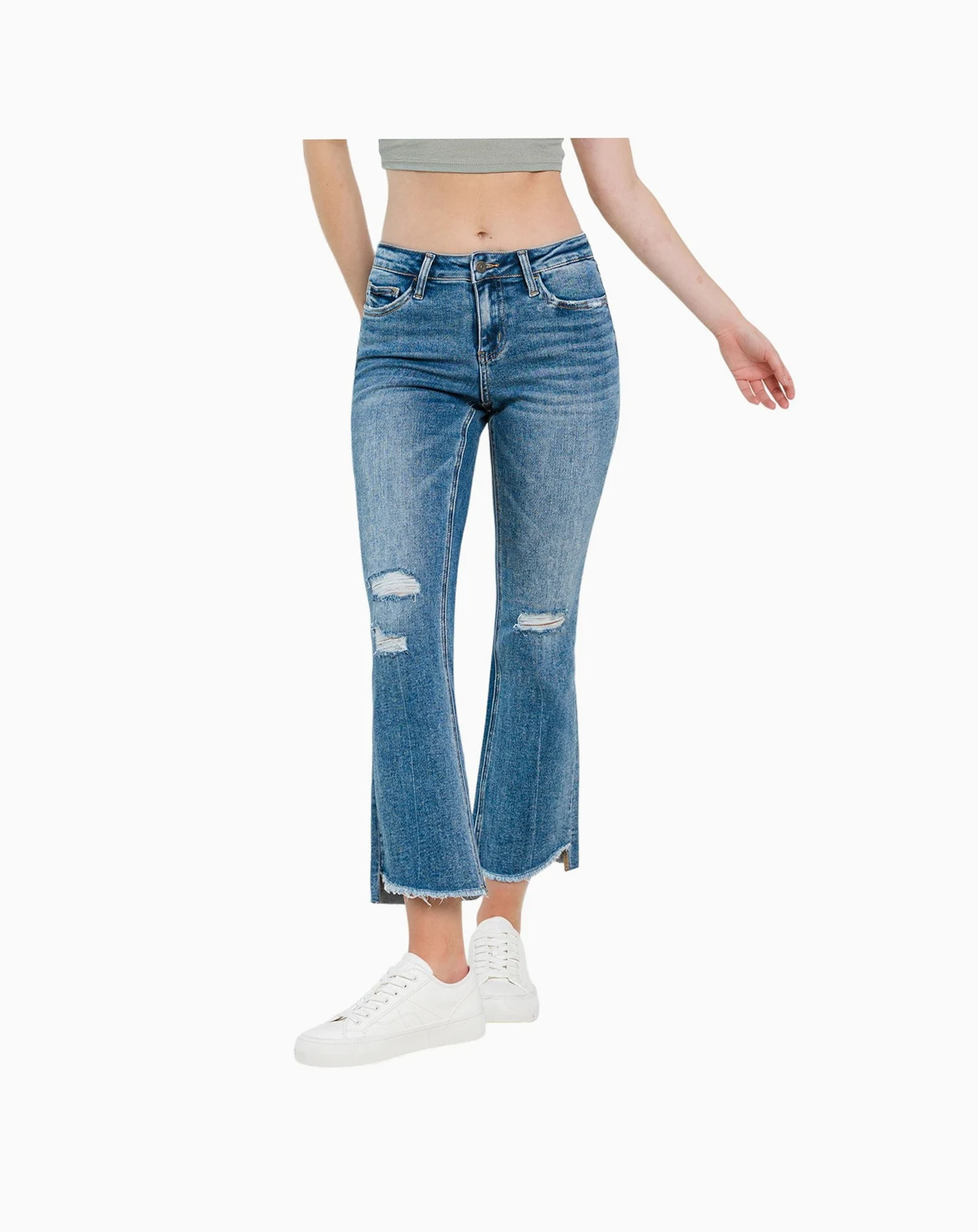 Women's Mid Rise Uneven Hem Ankle Kick Flare Jeans