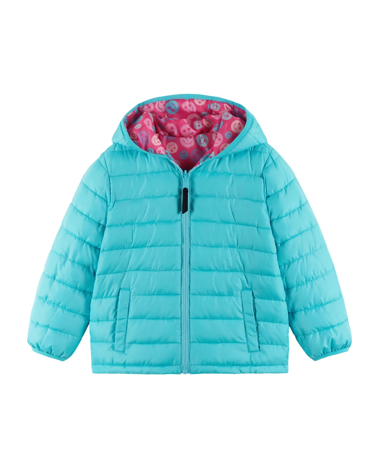 Toddler/Child Girls Pink/Aqua Smiley Printed Reversible Puffer Jacket
