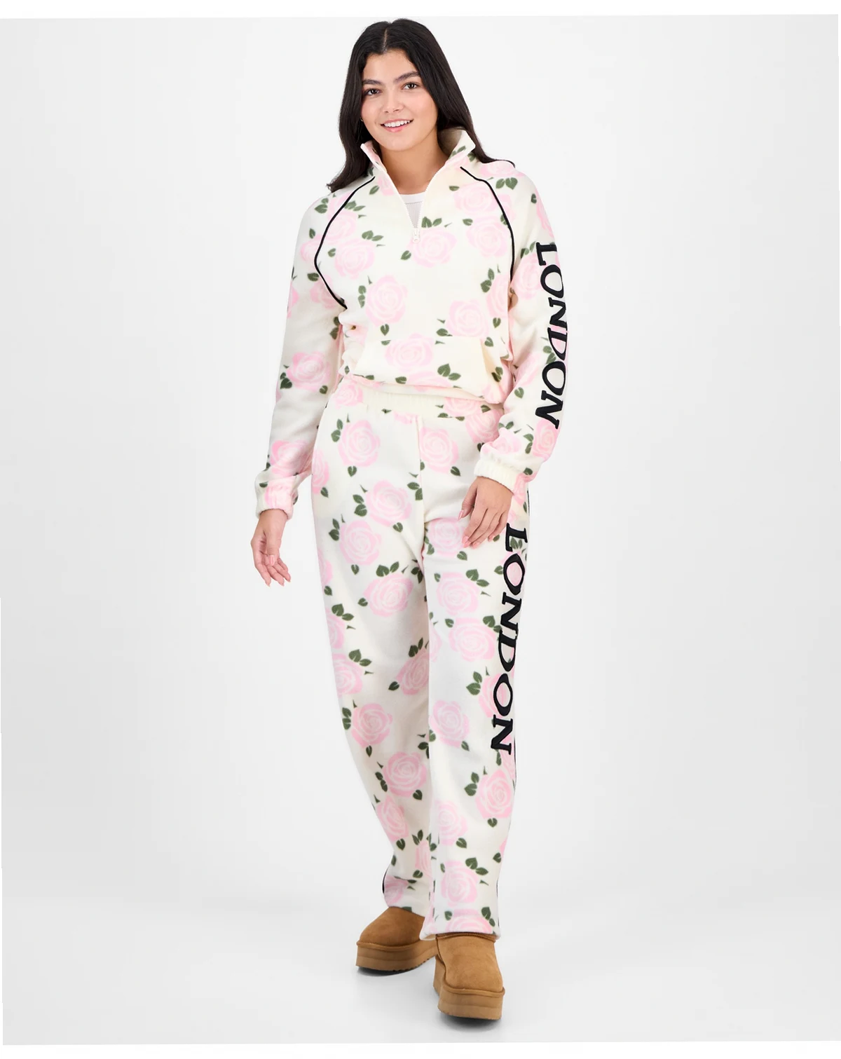 Juniors' London Rose-Print Polar Fleece Sweatpants