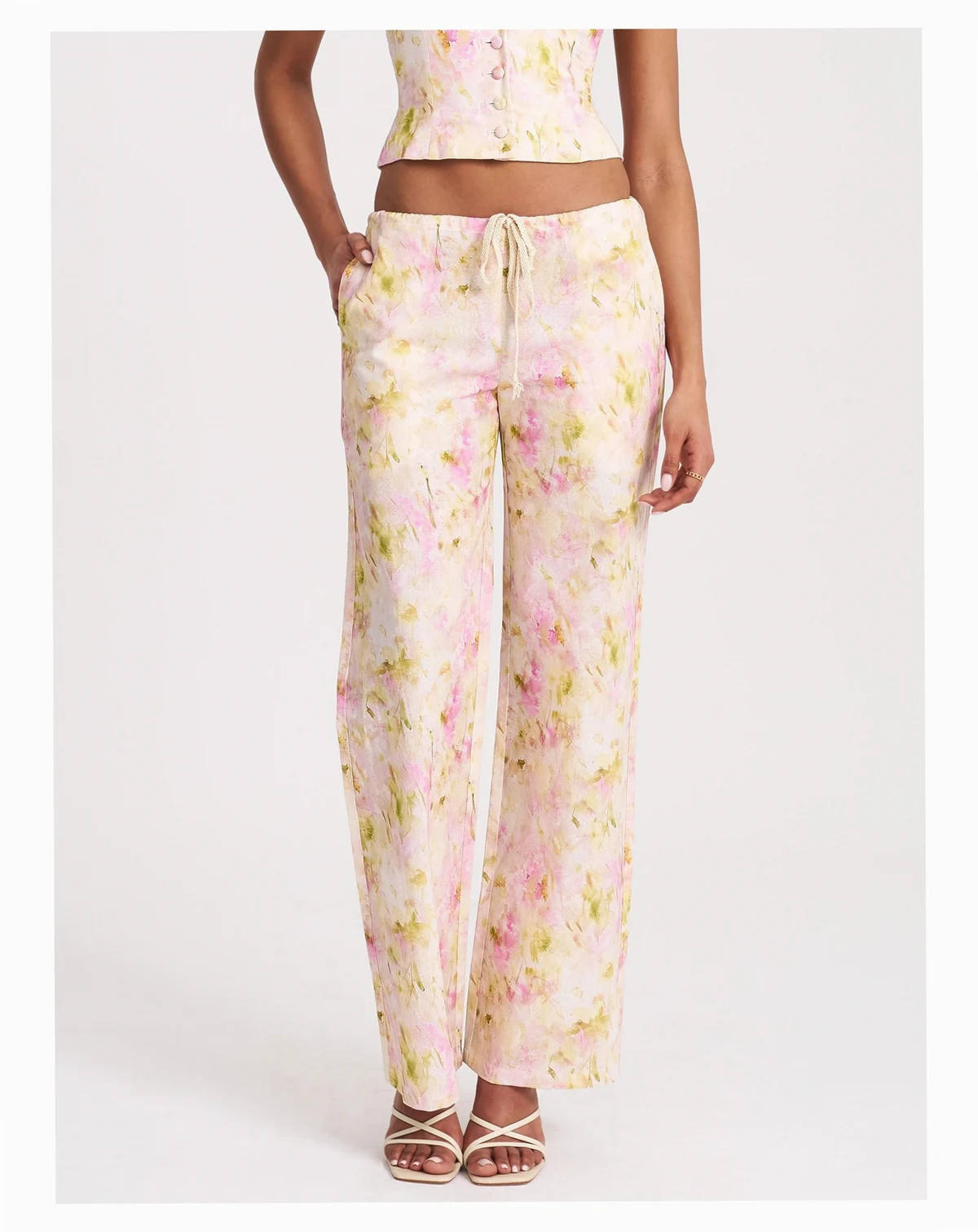 Women's Laureen Pink Floral Print Linen Straight Pants